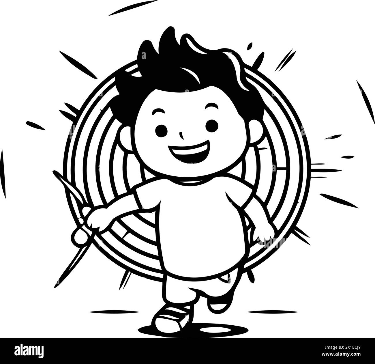 Cartoon boy with radiation symbol in his hand. Vector illustration. Stock Vector