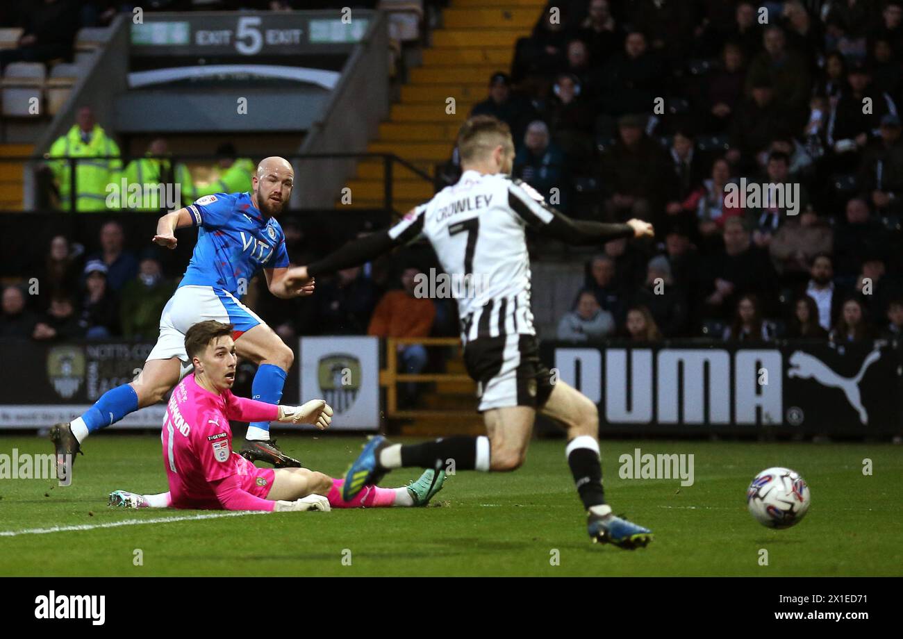 Stockport County's Patrick Madden scores their side's first goal of the game during the Sky Bet League Two match at Meadow Lane, Nottingham. Picture date: Tuesday April 16, 2024. Stock Photo