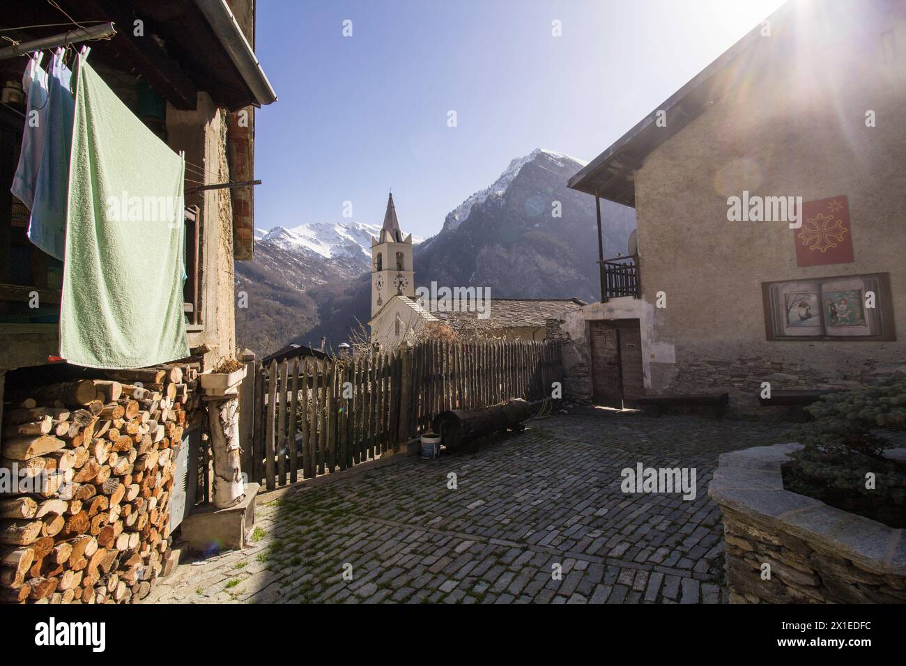 Usseaux is a typical alpine village in Val Chisone (Turin, Piedmont) Stock Photo