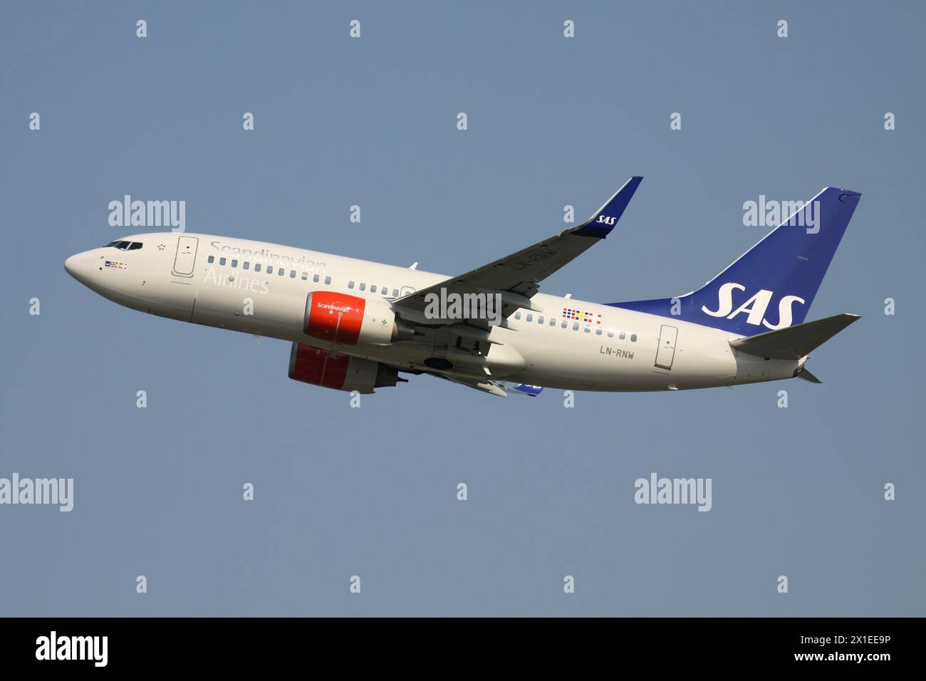 Scandinavian Airlines SAS Boeing 737-700 with registration LN-RNW just airborne at Dusseldorf Airport Stock Photo