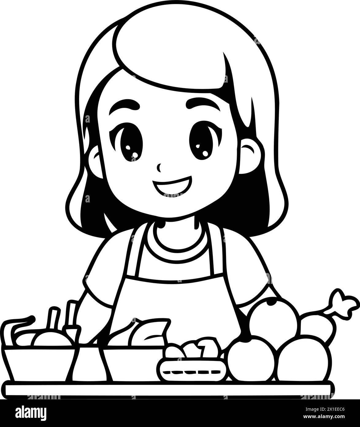 Cute little girl in apron choosing fruits. Vector illustration. Stock Vector