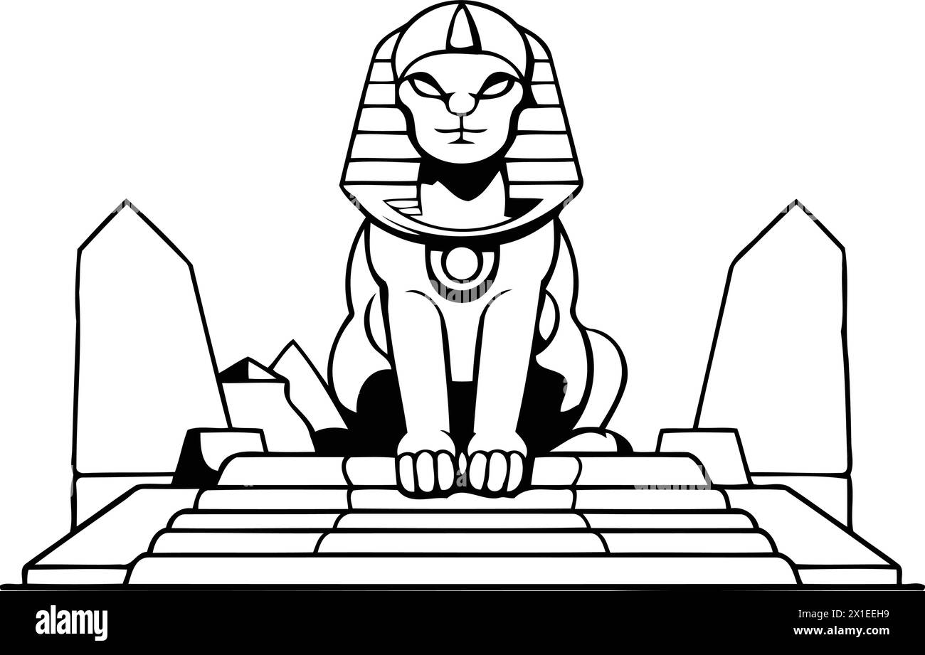 Egyptian Sphinx on the background of the ancient temple. Vector illustration Stock Vector