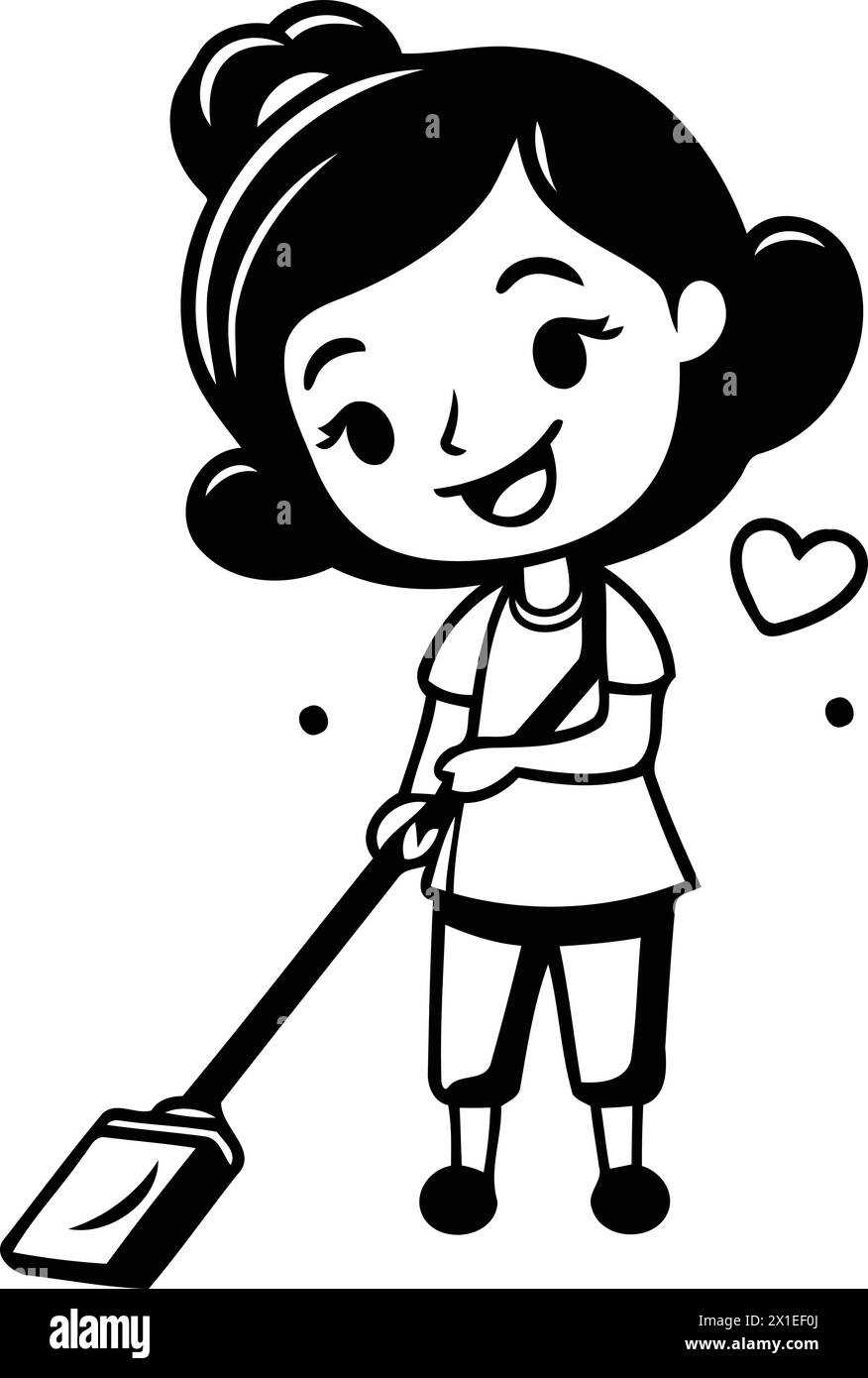 Cute girl cleaning the heart with a broom. Vector illustration. Stock Vector