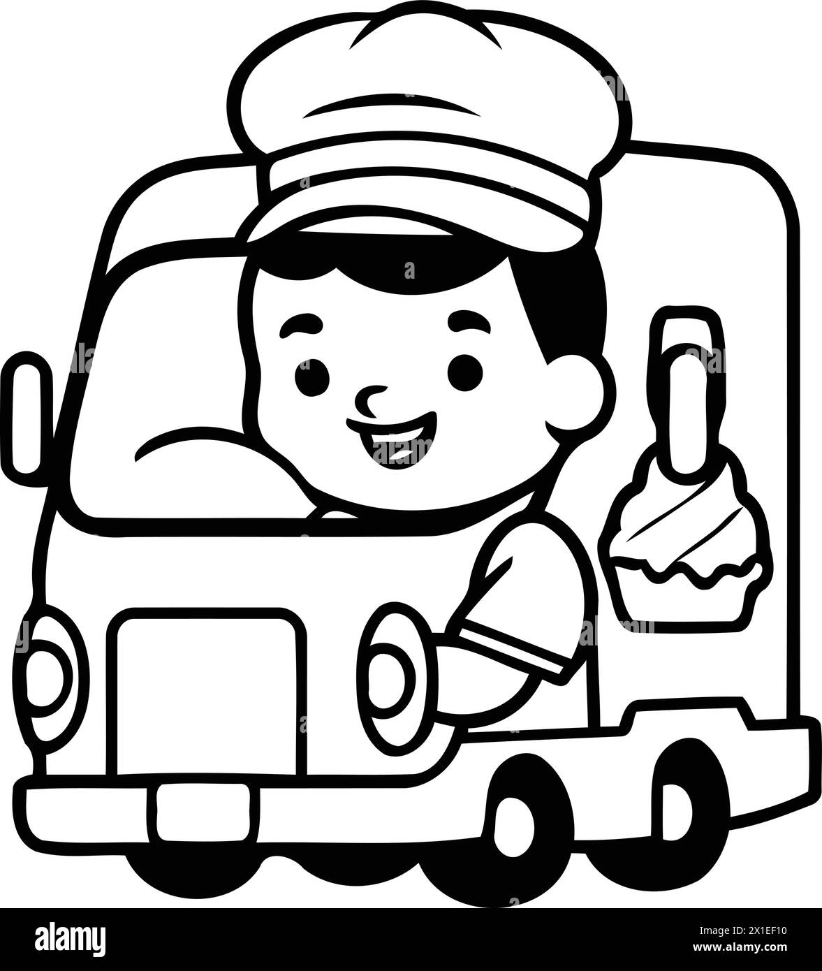Cute little boy with ice cream truck. Cartoon vector illustration. Stock Vector