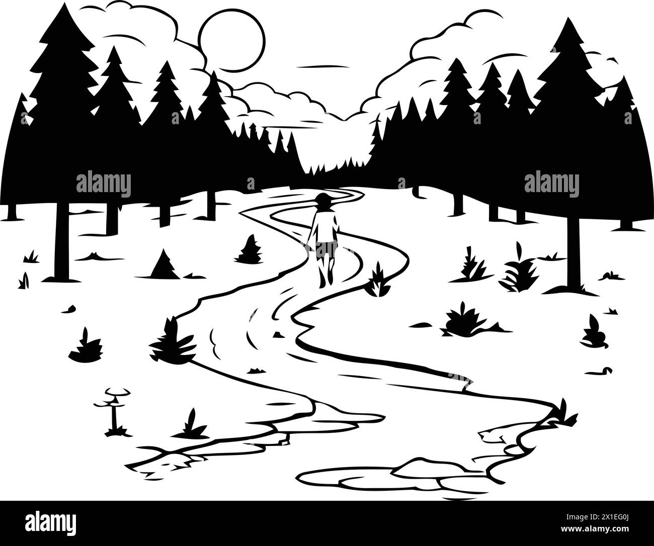 Vector illustration of a mountain landscape with a river and a man