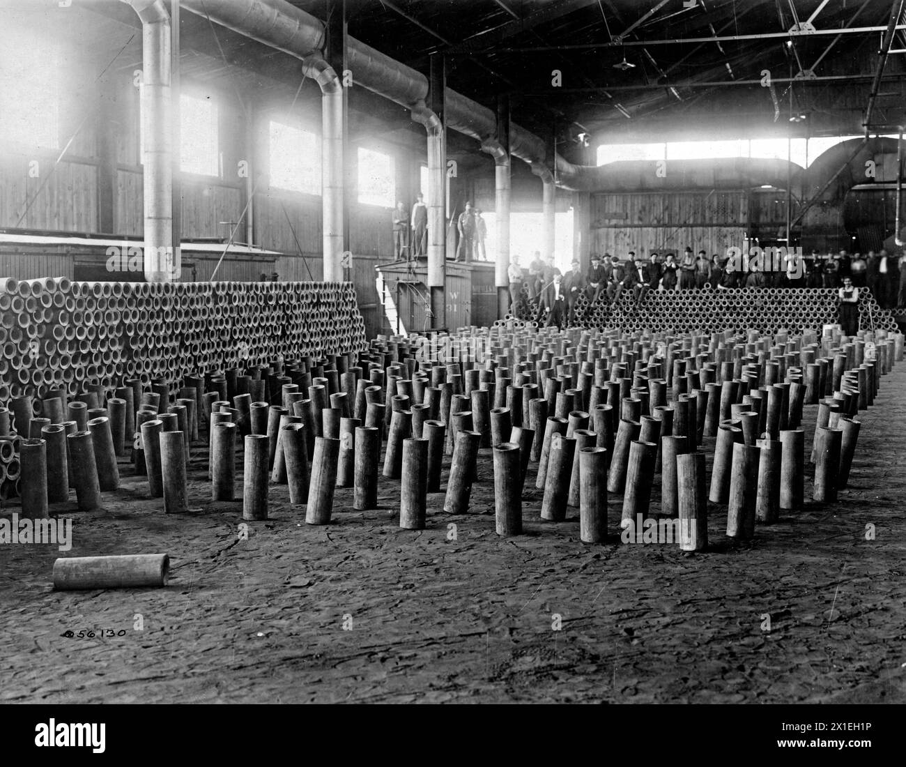 Manufacturing 155 m/m shells at the Whitaker-Glessner Co. Works, Portsmouth, Ohio. Shell forgings piled for shipment and spaced for cooling ca. 1918 Stock Photo