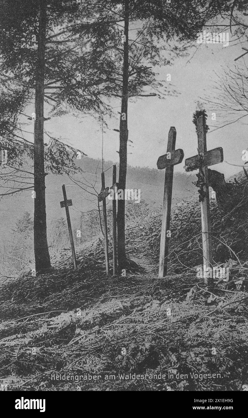 Graves of fallen soldiers on the edge of the forest near Vosges, France ca. 1919 Stock Photo