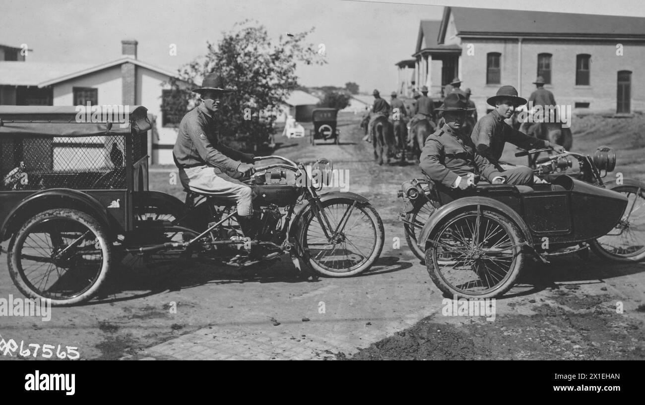 Signal Corps, Pigeon Section. Motorcycle equipped with cage for carrying pigeons ca. 1917-1919 Stock Photo
