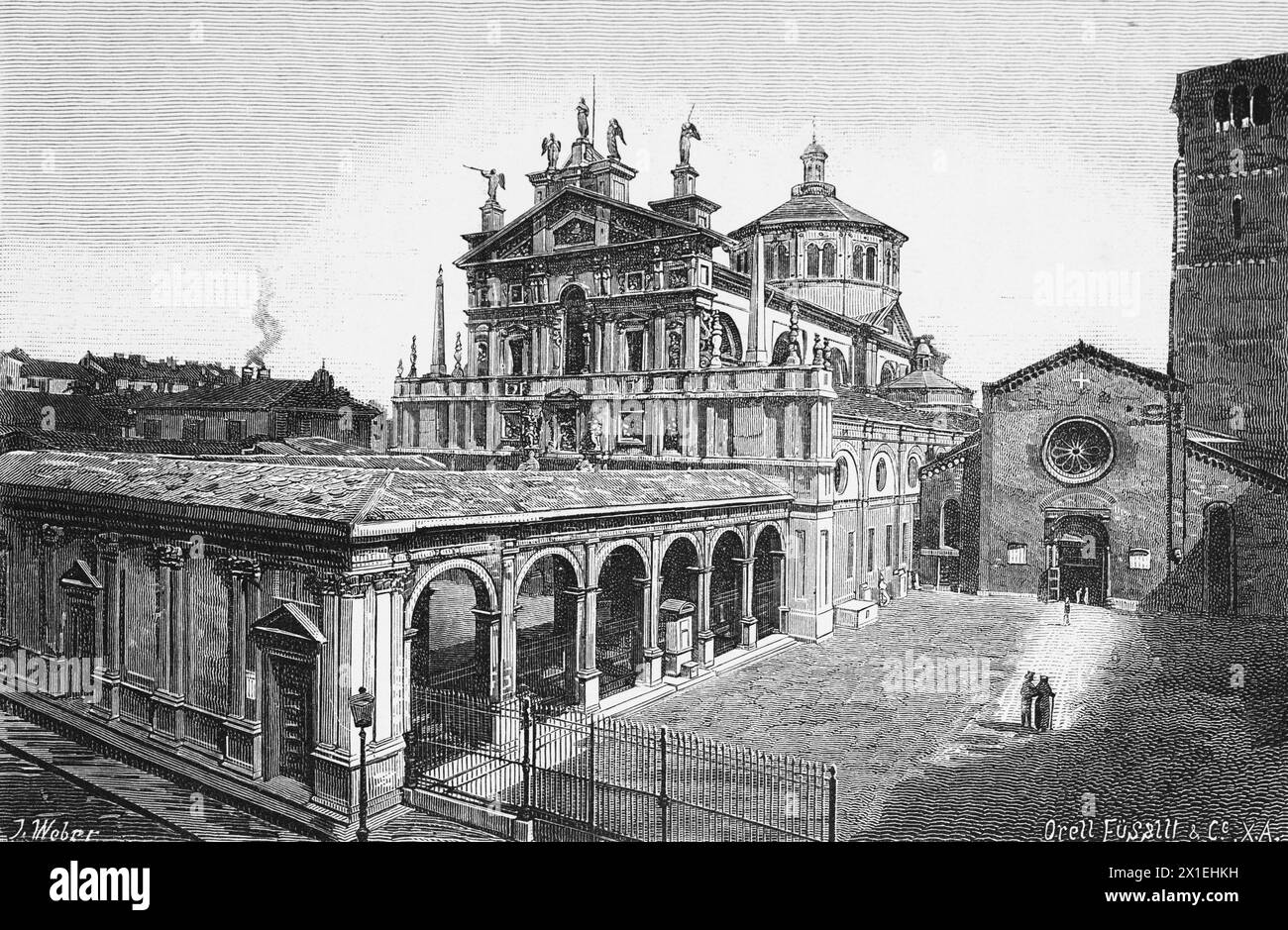 Santa Maria dei Miracoli presso San Celso (left) and romanesque San Celso, City of  Milan, Lombardy, Northern Italy, historical illustration 1885 Stock Photo