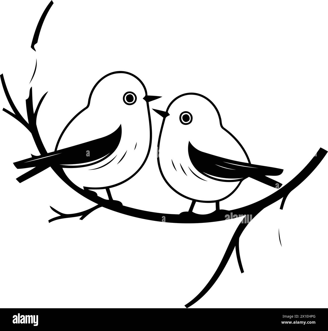 Two cute birds sitting on a branch with leaves. Vector illustration