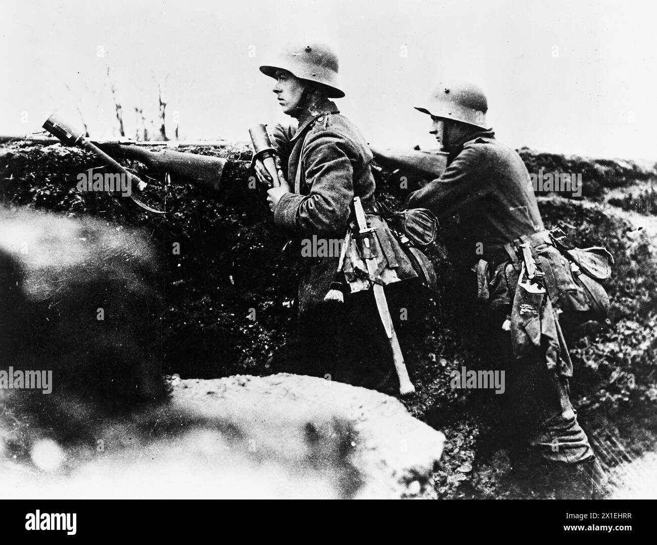 World War I Photos: Battle of the Aisne. German sentries in newly captured trench, watching for British and French counter attack. April 6, 1918 Stock Photo