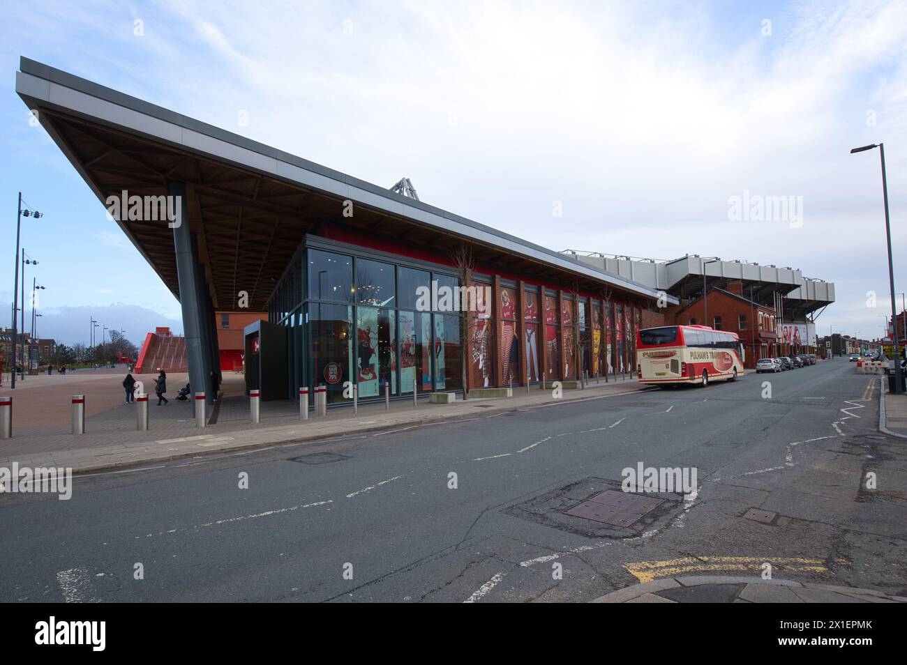 England, Liverpool - December 29, 2023: The LFC Official Club Store in front of the Anfield Stadium. Stock Photo
