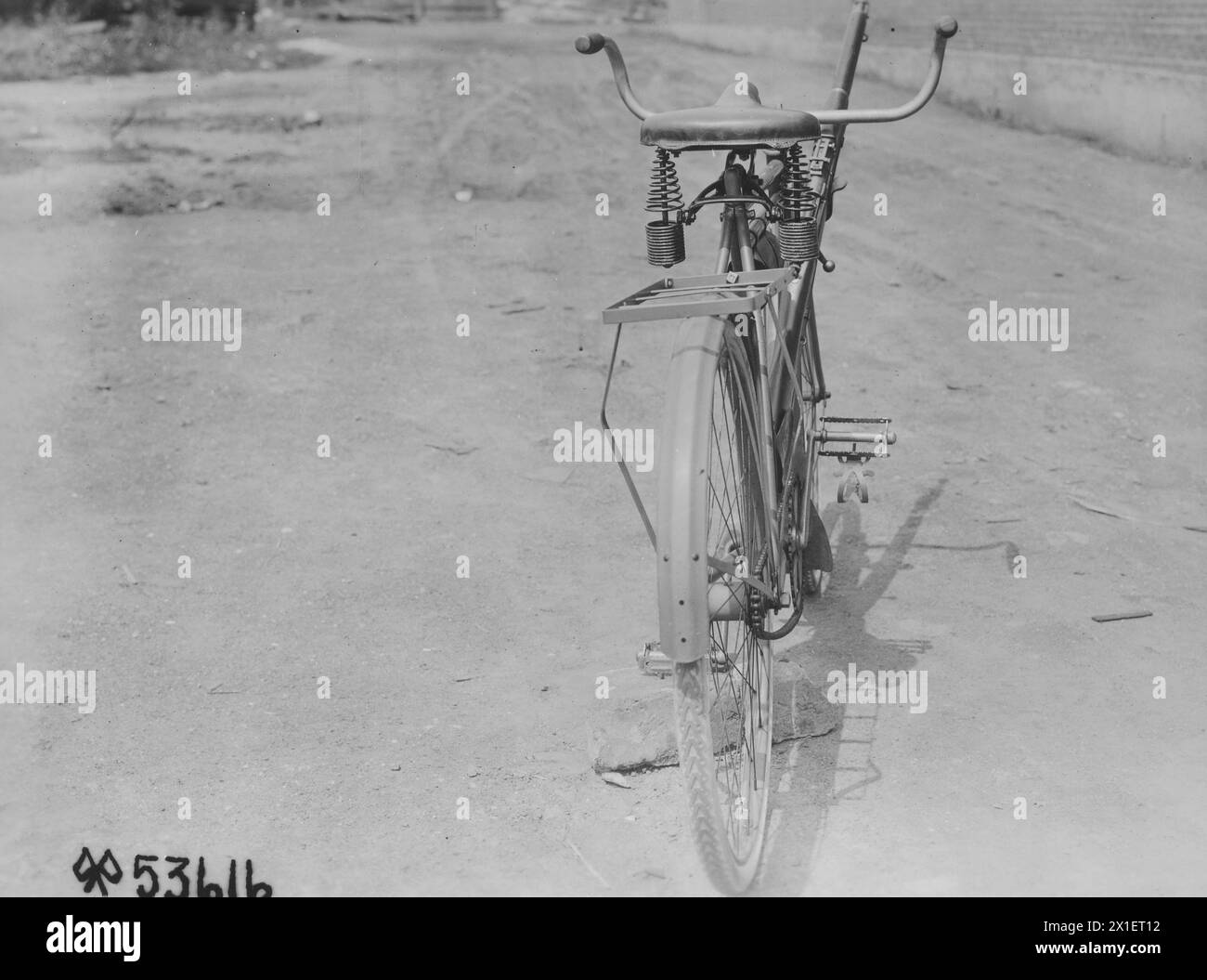 MILITARY BICYCE WITH RIFLE. Rear view of bicycle with rifle ca. May 1919 Stock Photo