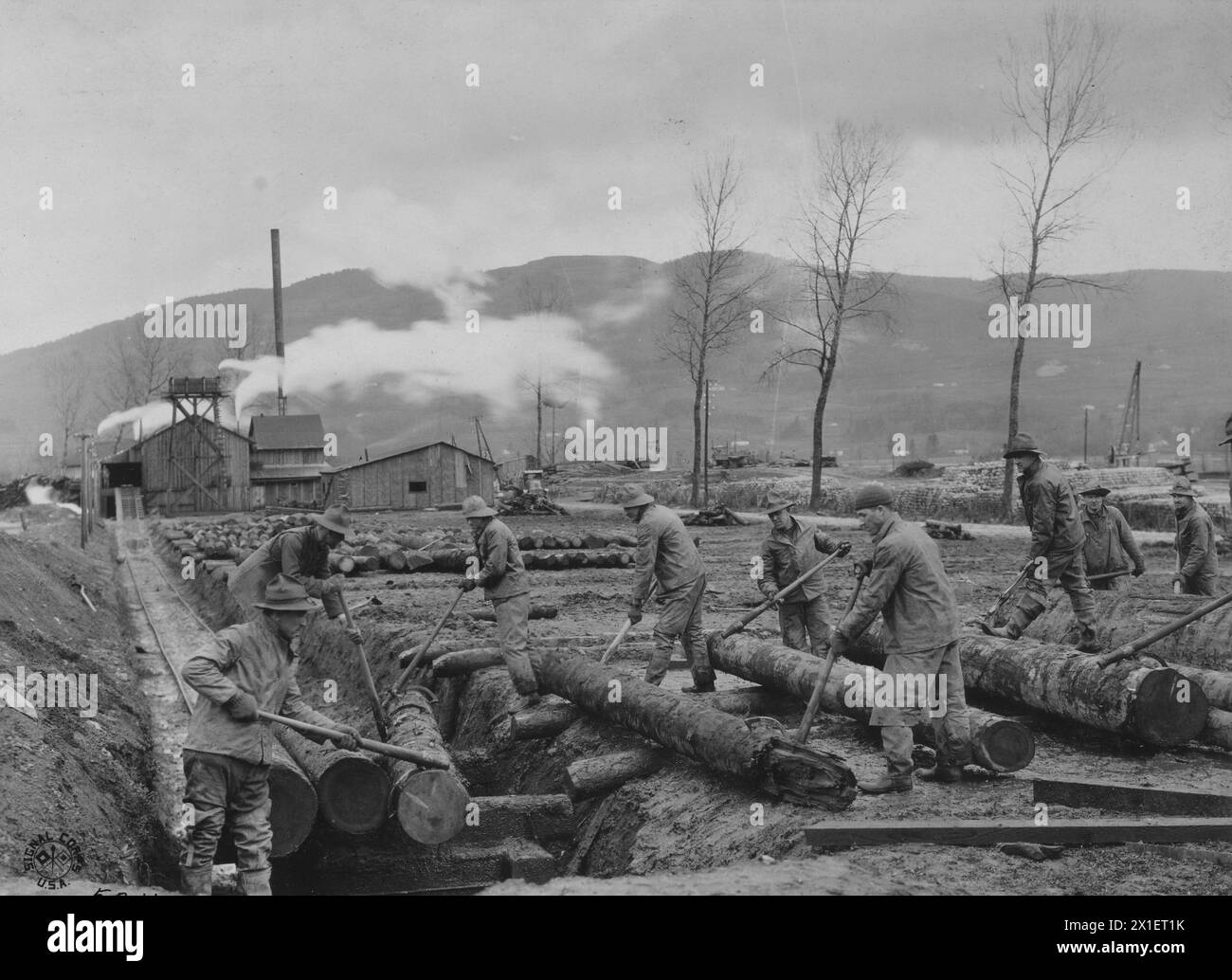 Soldiers loading logs on car showing sawmill in the distance. Men of 43rd Company, 20th Engineers. Operating Forestry Mill, Epinal District, Vagney, Vosges, France ca. 1918 Stock Photo