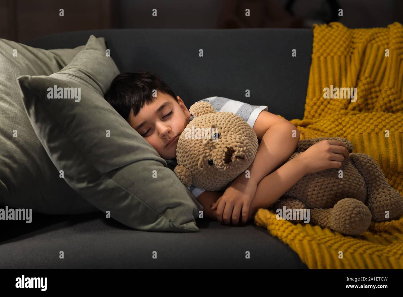 Cute little boy with teddy bear sleeping on sofa in living room Stock ...