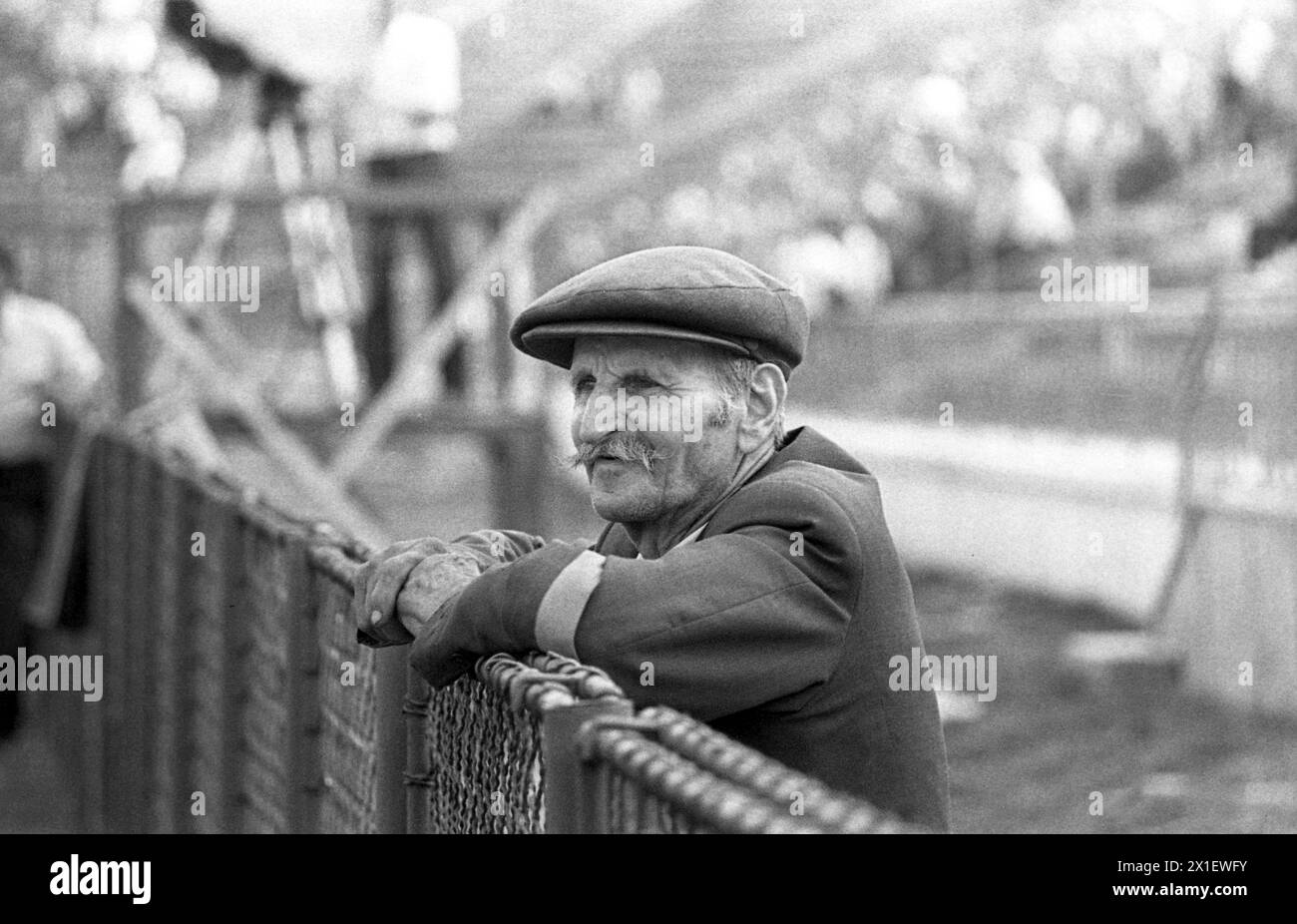 Socialist Republic of Romania in the 1970s. Man watching a football (soccer) game. Stock Photo