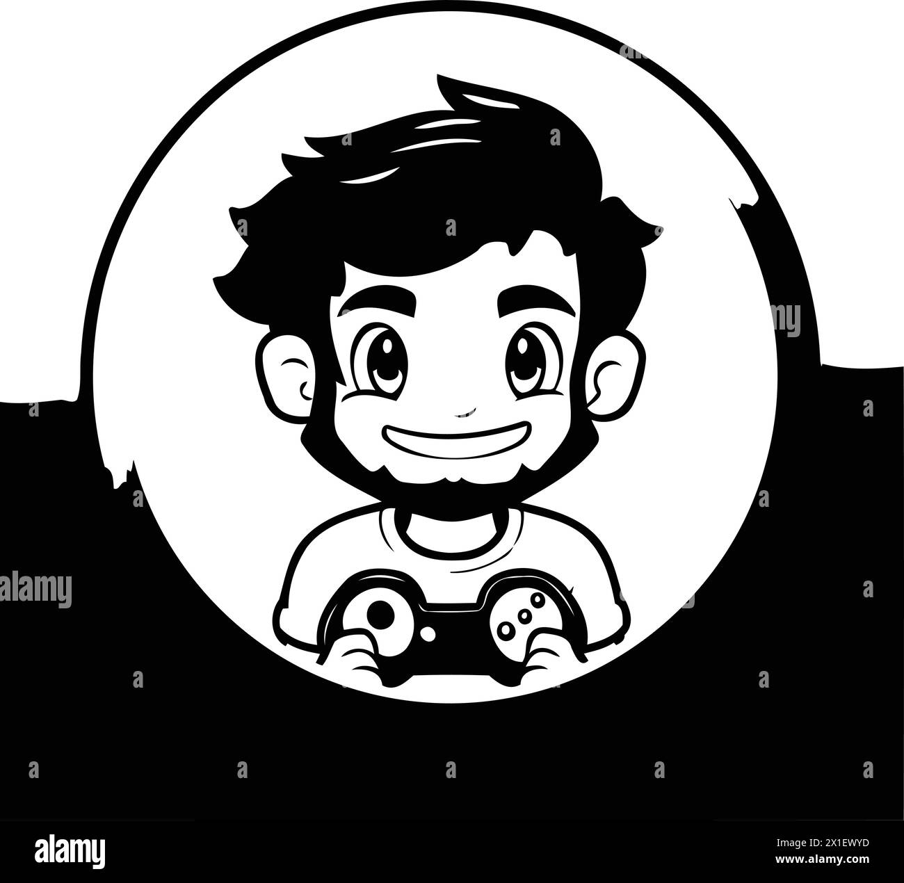 Boy playing video games with joystick in round frame illustration. Cartoon style. Stock Vector