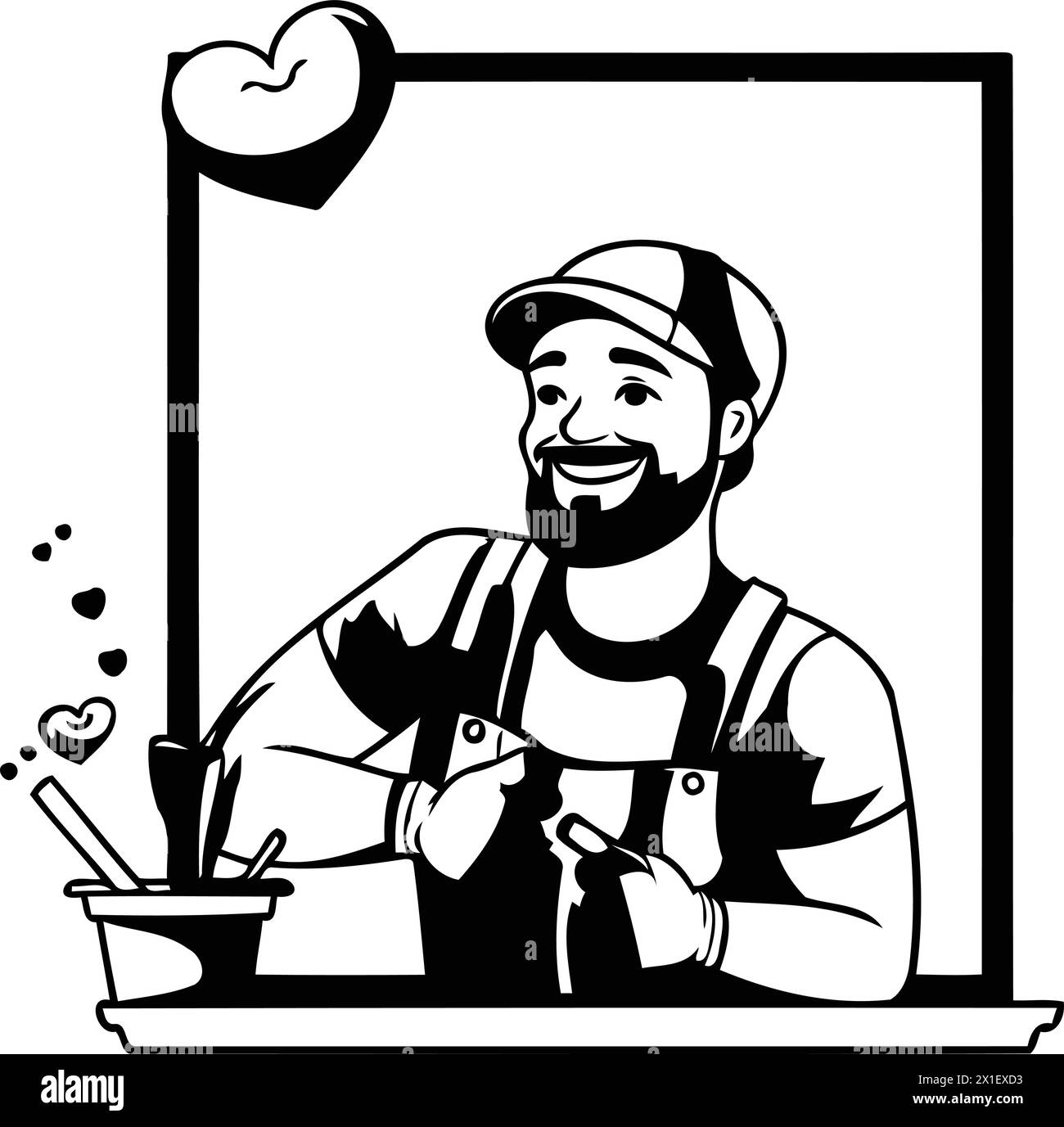 Vector cartoon illustration of a man in a red cap and blue overalls