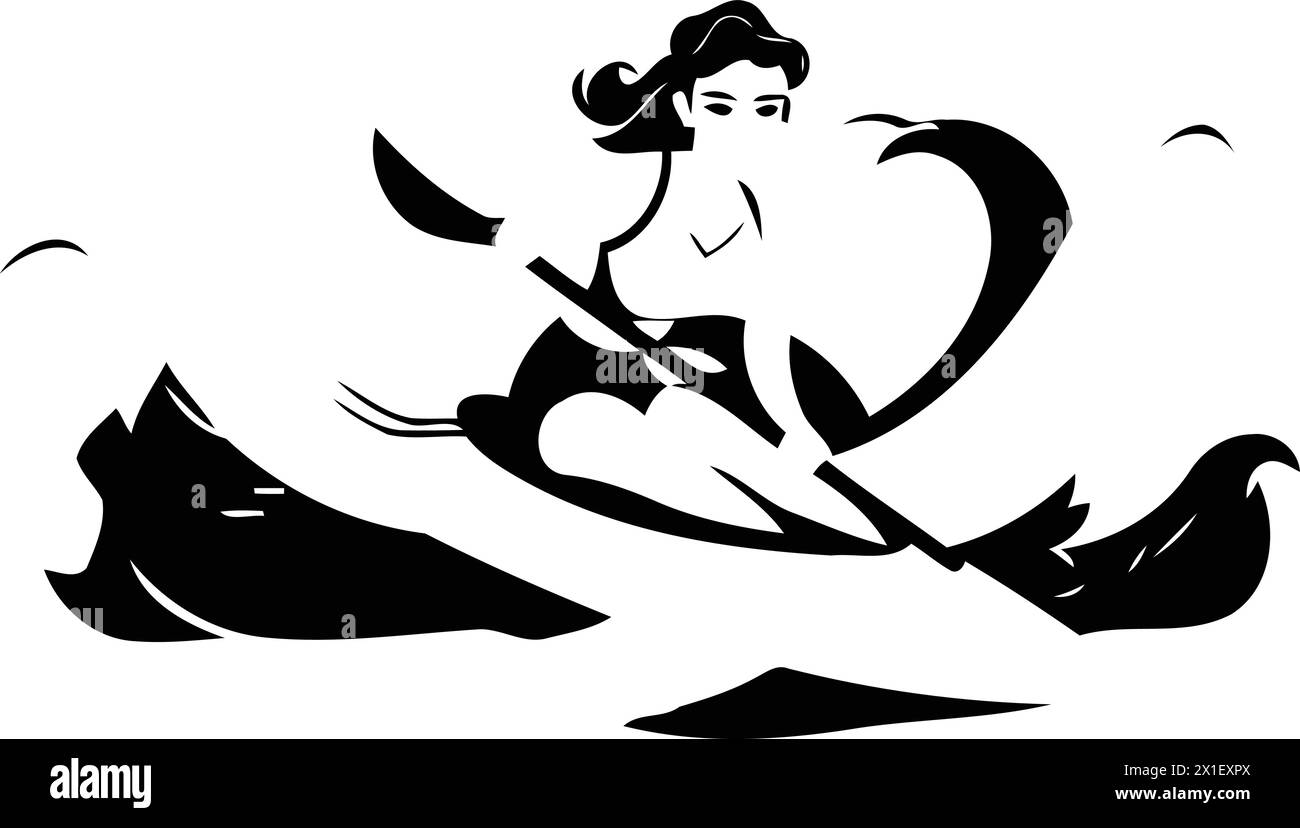Woman paddling on a kayak. Vector illustration in flat style Stock Vector