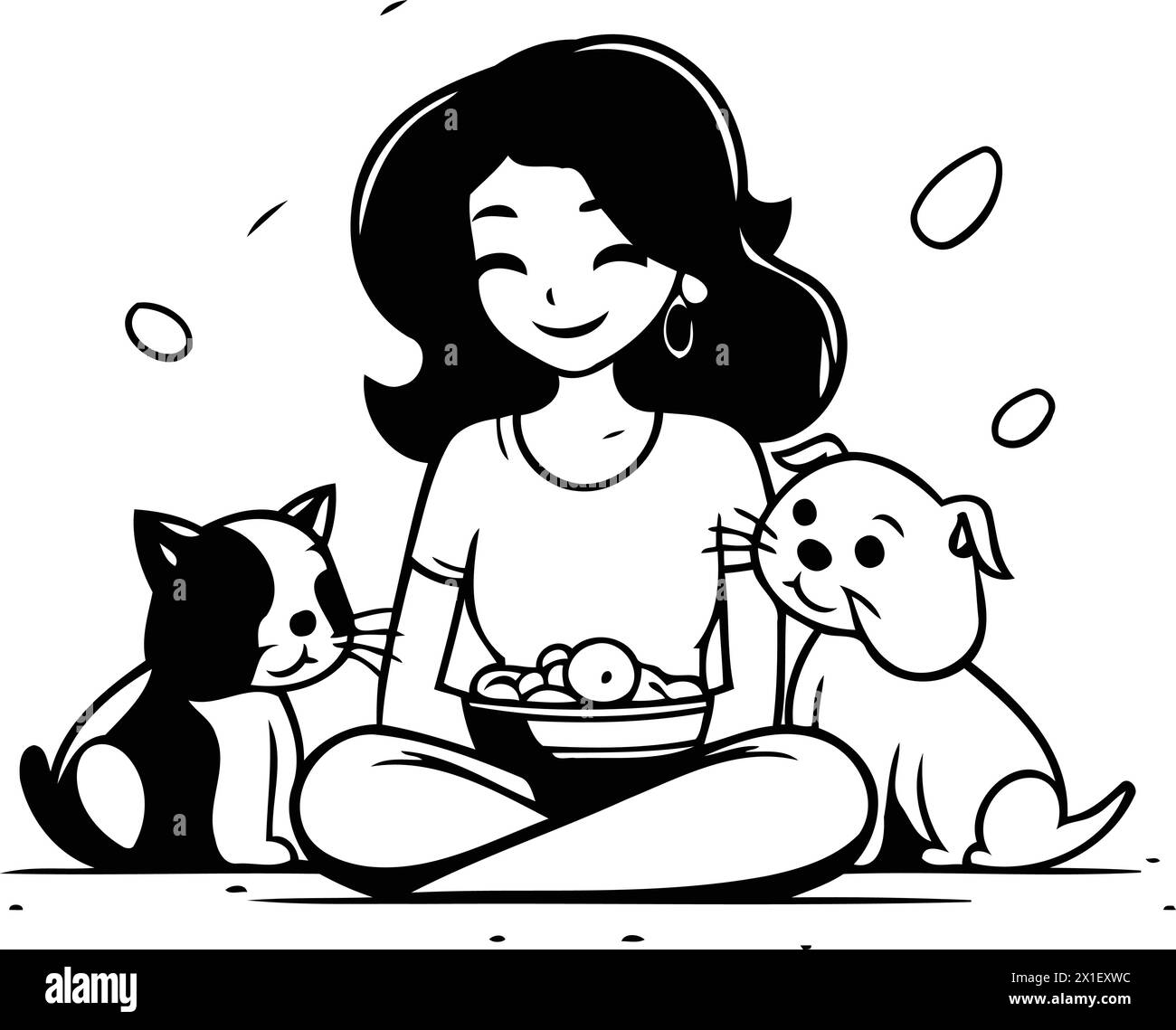 Cute Girl With Dog And Bowl Of Food. Vector Illustration Stock Vector 