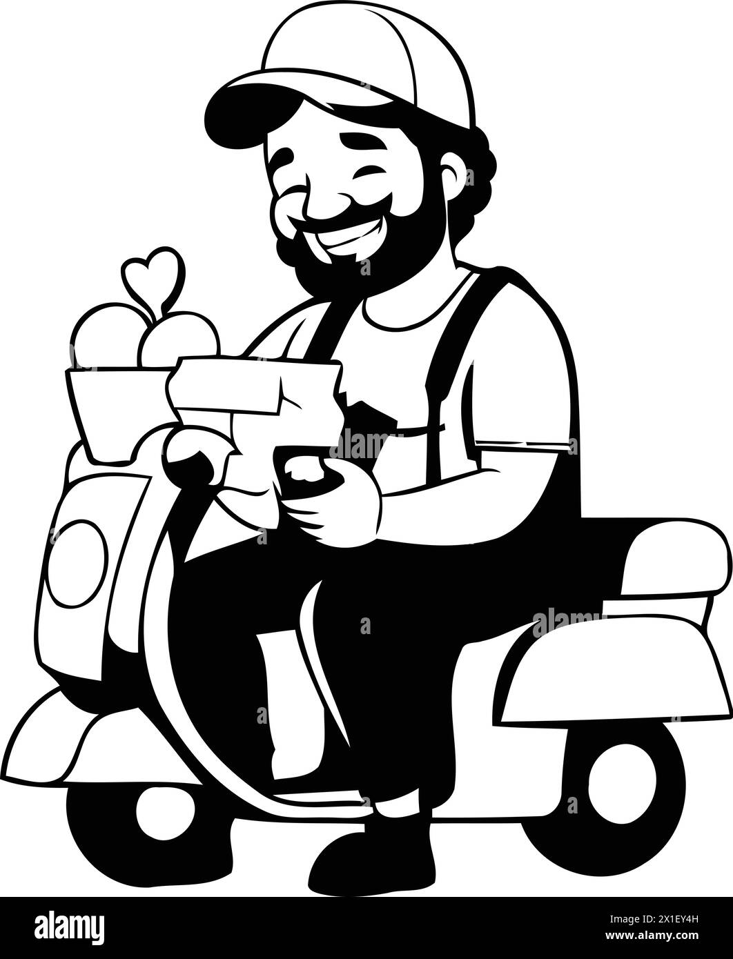 Coffee delivery service. Man in a cap with a cup of coffee on a red scooter. Vector illustration Stock Vector