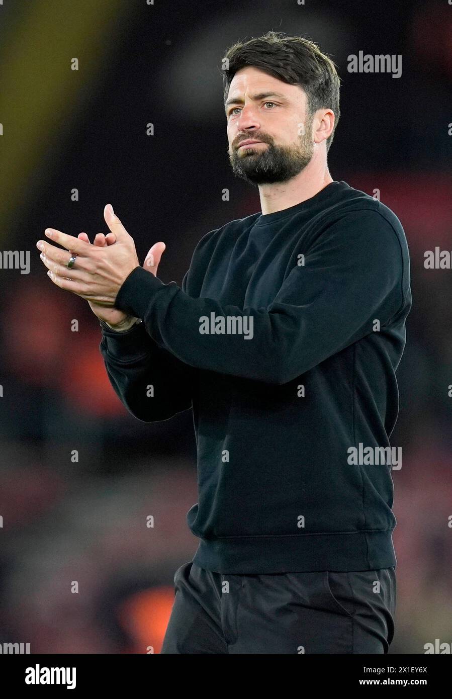 Southampton manager Russell Martin applauds the fans after the Sky Bet Championship match at St Mary's Stadium, Southampton. Picture date: Tuesday April 16, 2024. Stock Photo