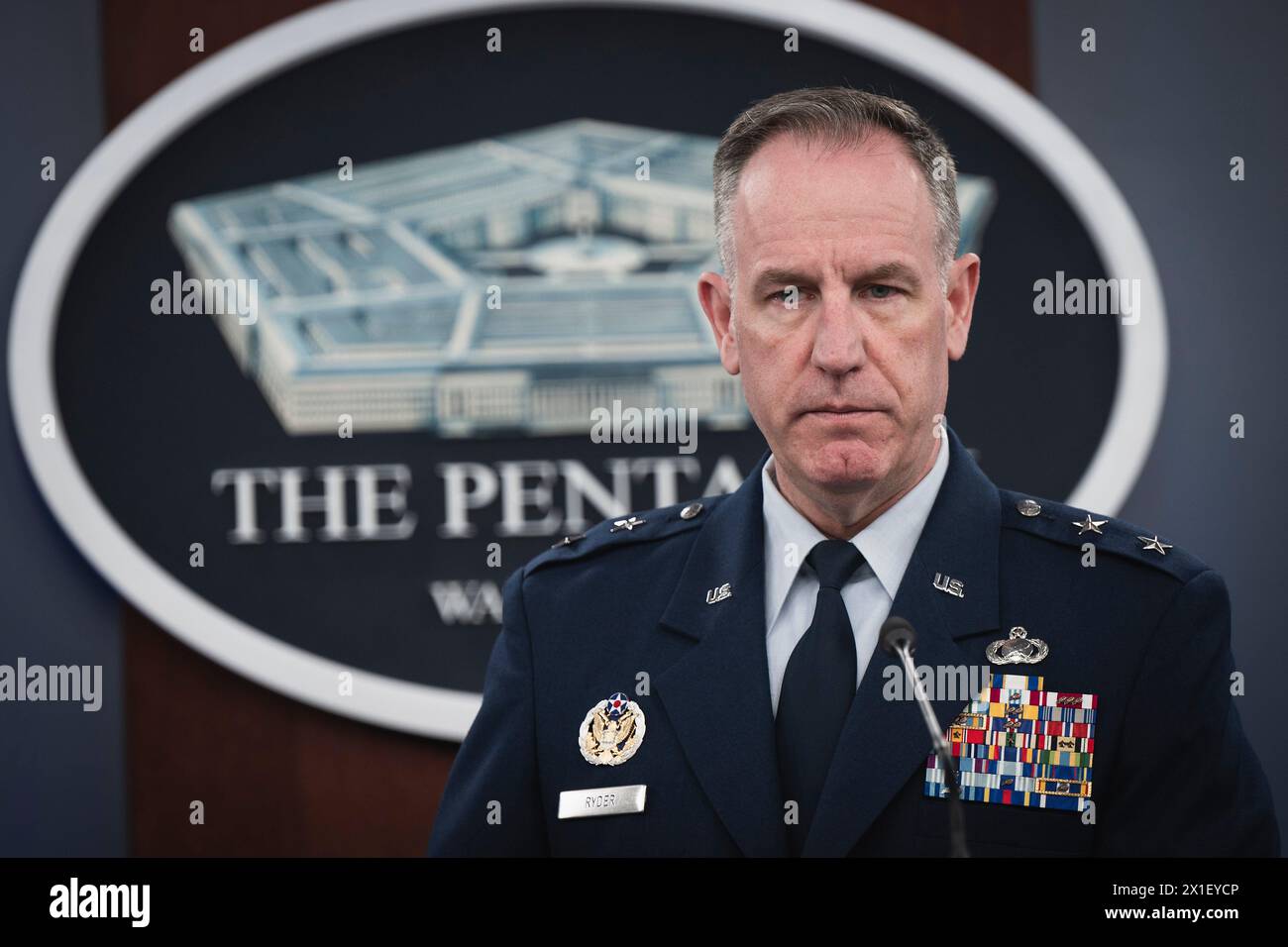 Arlington, United States Of America. 28th Nov, 2023. Arlington, United States of America. 28 November, 2023. Pentagon Press Secretary Air Force Brig. Gen. Pat Ryder listen to a question from a reporter during a press briefing at the Pentagon, April 16, 2024, in Arlington, Virginia. Credit: Chad McNeeley/DOD/Alamy Live News Stock Photo