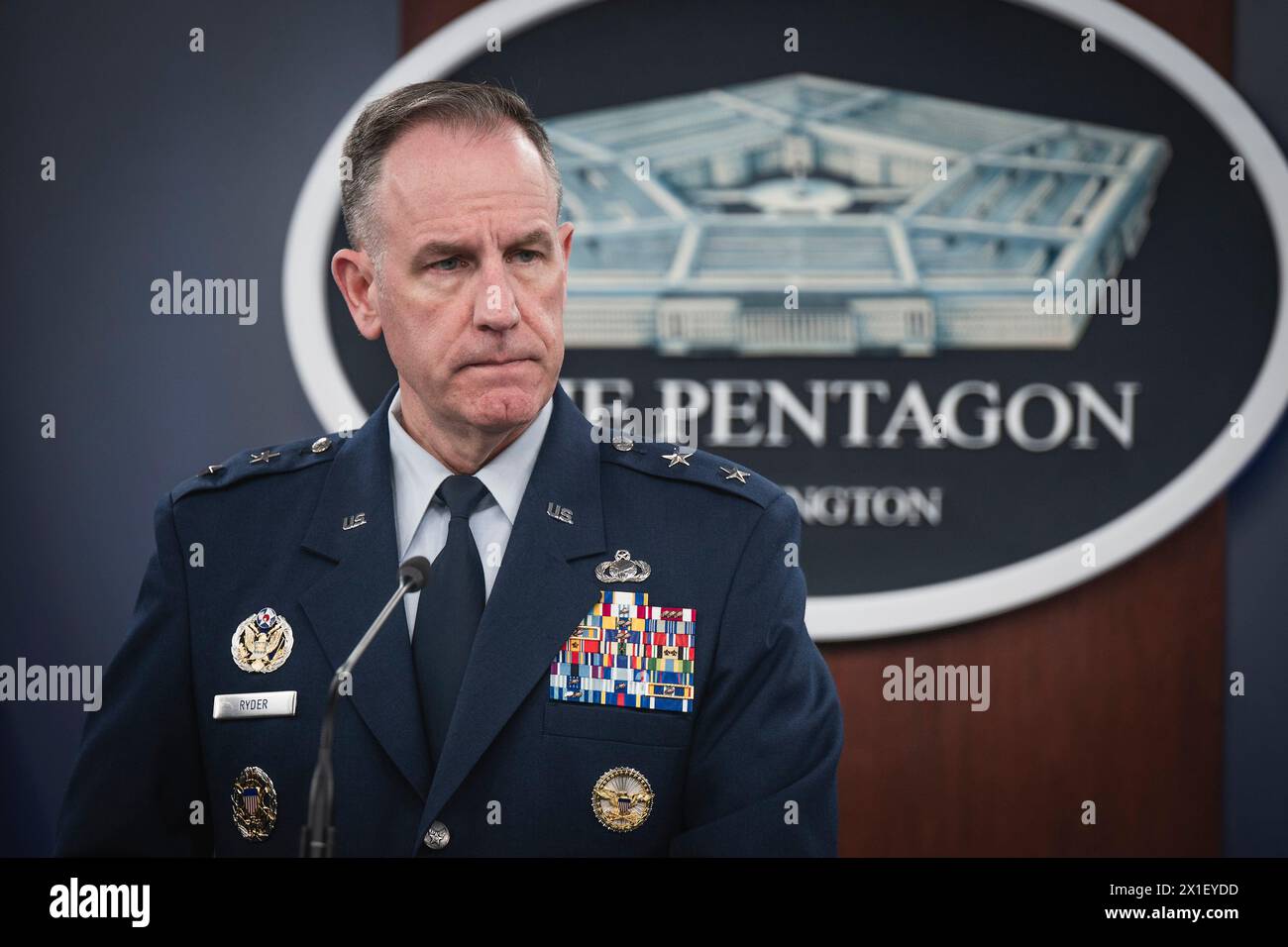 Arlington, United States Of America. 16th Apr, 2024. Arlington, United States of America. 16 April, 2024. Pentagon Press Secretary Air Force Brig. Gen. Pat Ryder listen to a question from a reporter during a press briefing at the Pentagon, April 16, 2024, in Arlington, Virginia. Credit: Chad McNeeley/DOD/Alamy Live News Stock Photo