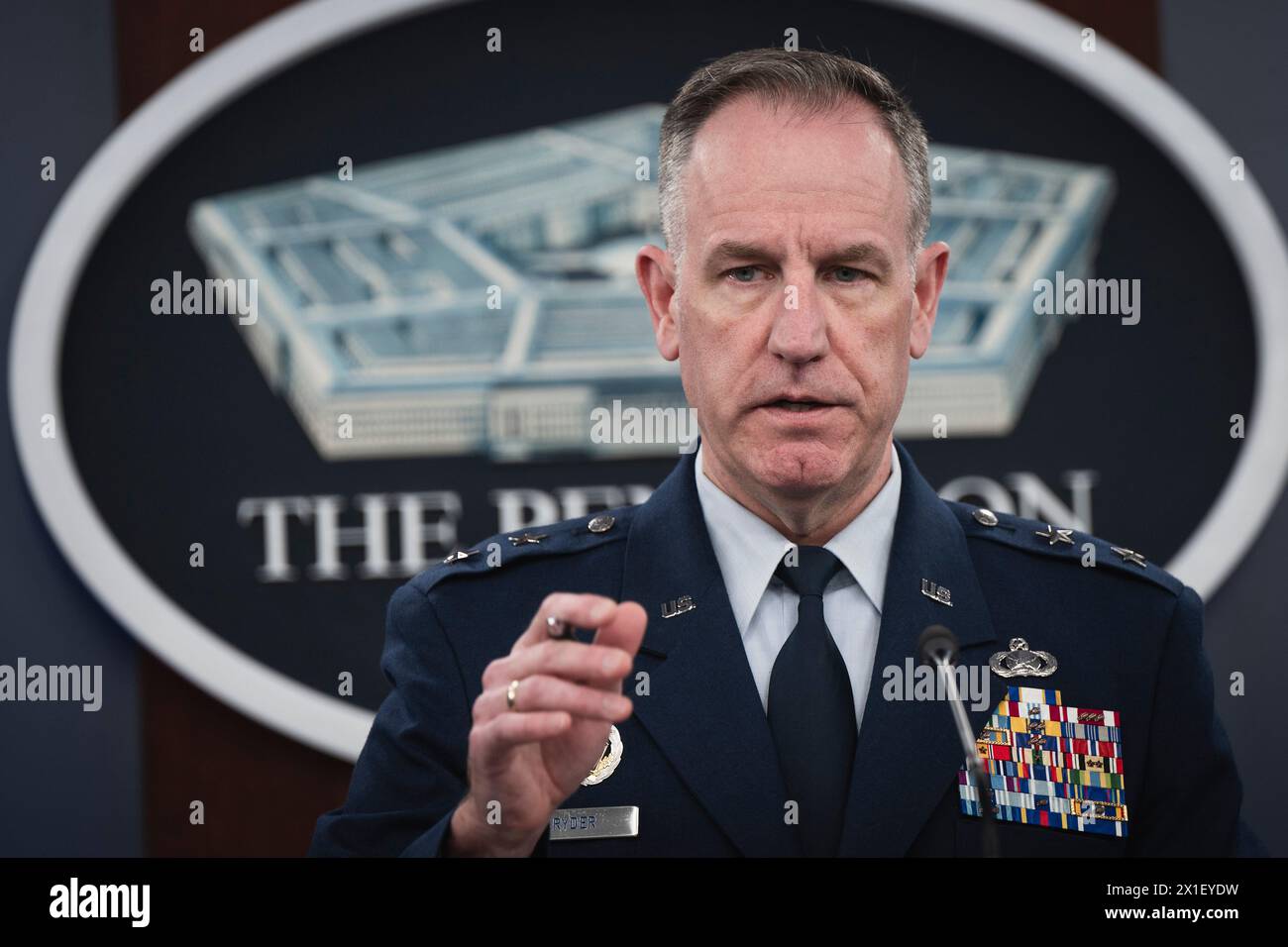 Arlington, United States Of America. 28th Nov, 2023. Arlington, United States of America. 28 November, 2023. Pentagon Press Secretary Air Force Brig. Gen. Pat Ryder responds to a question from a reporter during a press briefing at the Pentagon, April 16, 2024, in Arlington, Virginia. Credit: Chad McNeeley/DOD/Alamy Live News Stock Photo