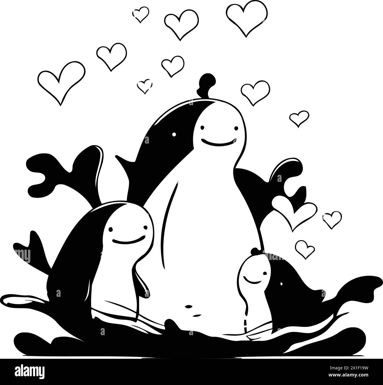 Cute cartoon penguin family in love. Vector illustration on blue background. Stock Vector