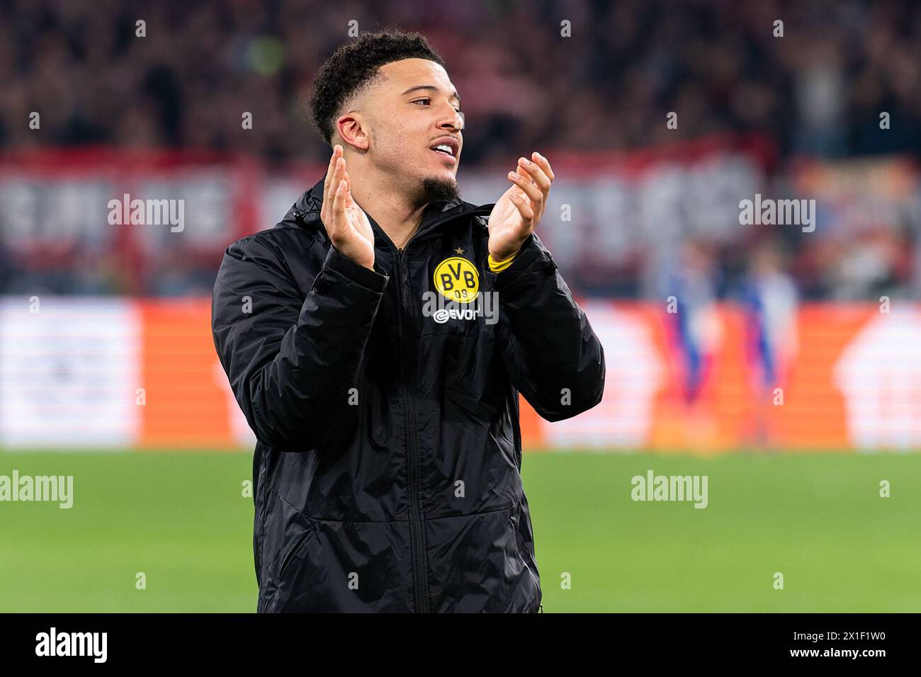 Dortmund, Germany. 16th Apr, 2024. DORTMUND, GERMANY - APRIL 16: Jadon Sancho of Borussia Dortmund applauds for the fans during the Quarter-final Second Leg - UEFA Champions League 2023/24 match between Borussia Dortmund and Atletico Madrid at Signal Iduna Park on April 16, 2024 in Dortmund, Germany. (Photo by Joris Verwijst/BSR Agency) Credit: BSR Agency/Alamy Live News Stock Photo