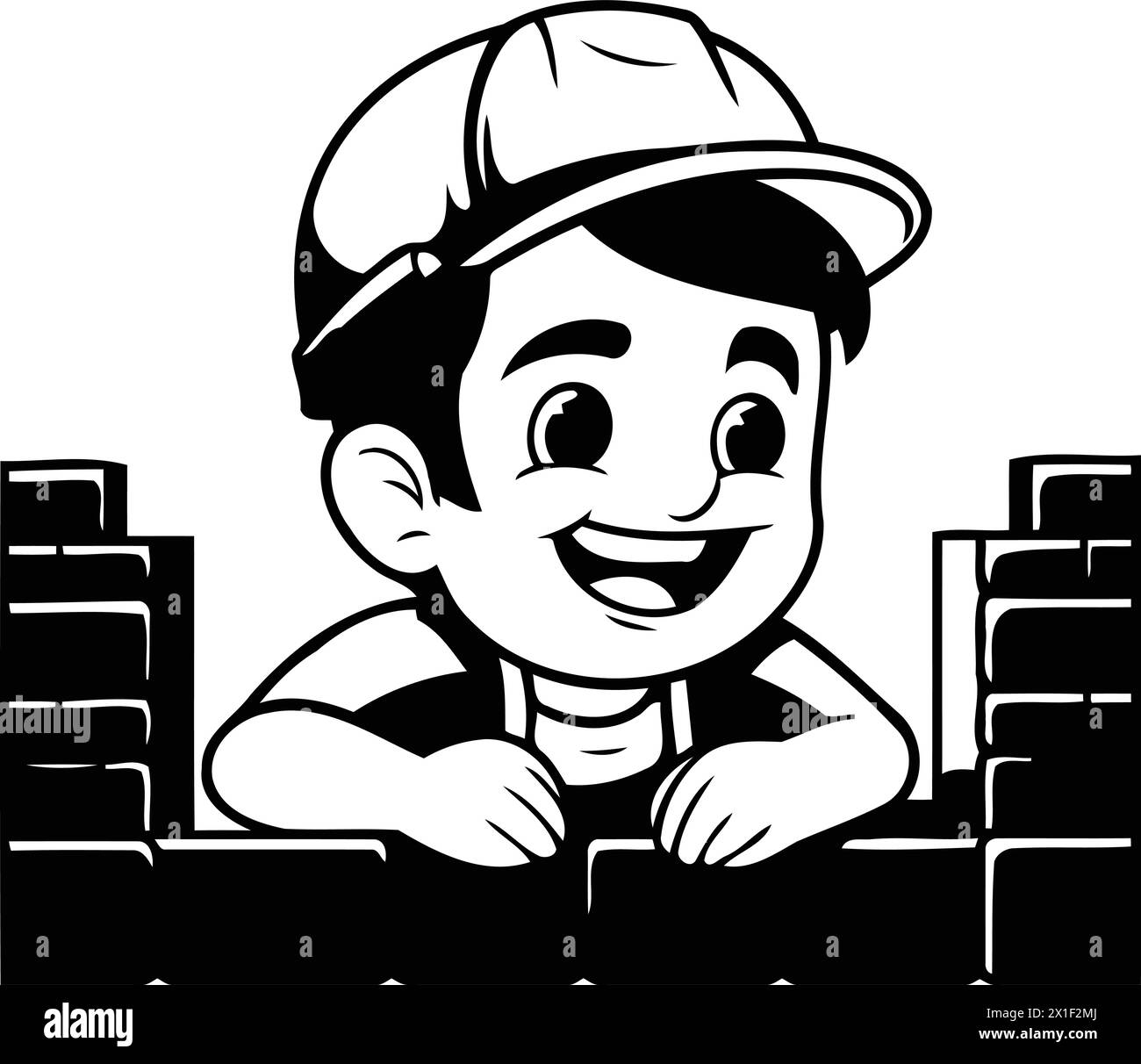 Cute little builder boy in helmet with brick wall. Vector illustration ...