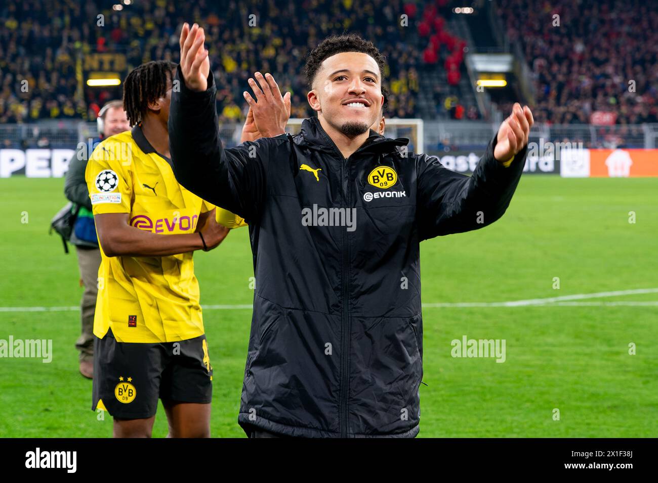 Dortmund, Germany. 16th Apr, 2024. DORTMUND, GERMANY - APRIL 16: Jadon Sancho of Borussia Dortmund applauds for the fans after the Quarter-final Second Leg - UEFA Champions League 2023/24 match between Borussia Dortmund and Atletico Madrid at Signal Iduna Park on April 16, 2024 in Dortmund, Germany. (Photo by Joris Verwijst/BSR Agency) Credit: BSR Agency/Alamy Live News Stock Photo