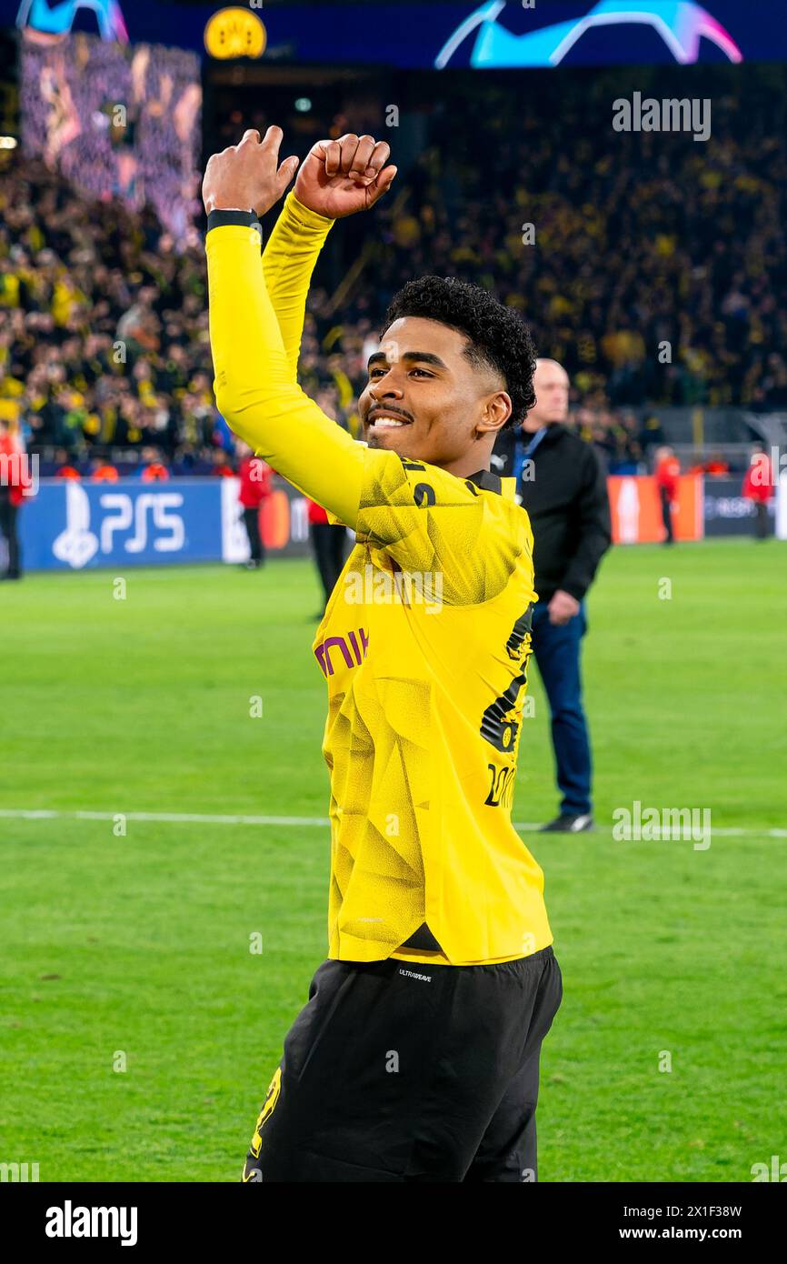 Dortmund, Germany. 16th Apr, 2024. DORTMUND, GERMANY - APRIL 16: Ian Maatsen of Borussia Dortmund applauds for the fans after the Quarter-final Second Leg - UEFA Champions League 2023/24 match between Borussia Dortmund and Atletico Madrid at Signal Iduna Park on April 16, 2024 in Dortmund, Germany. (Photo by Joris Verwijst/BSR Agency) Credit: BSR Agency/Alamy Live News Stock Photo