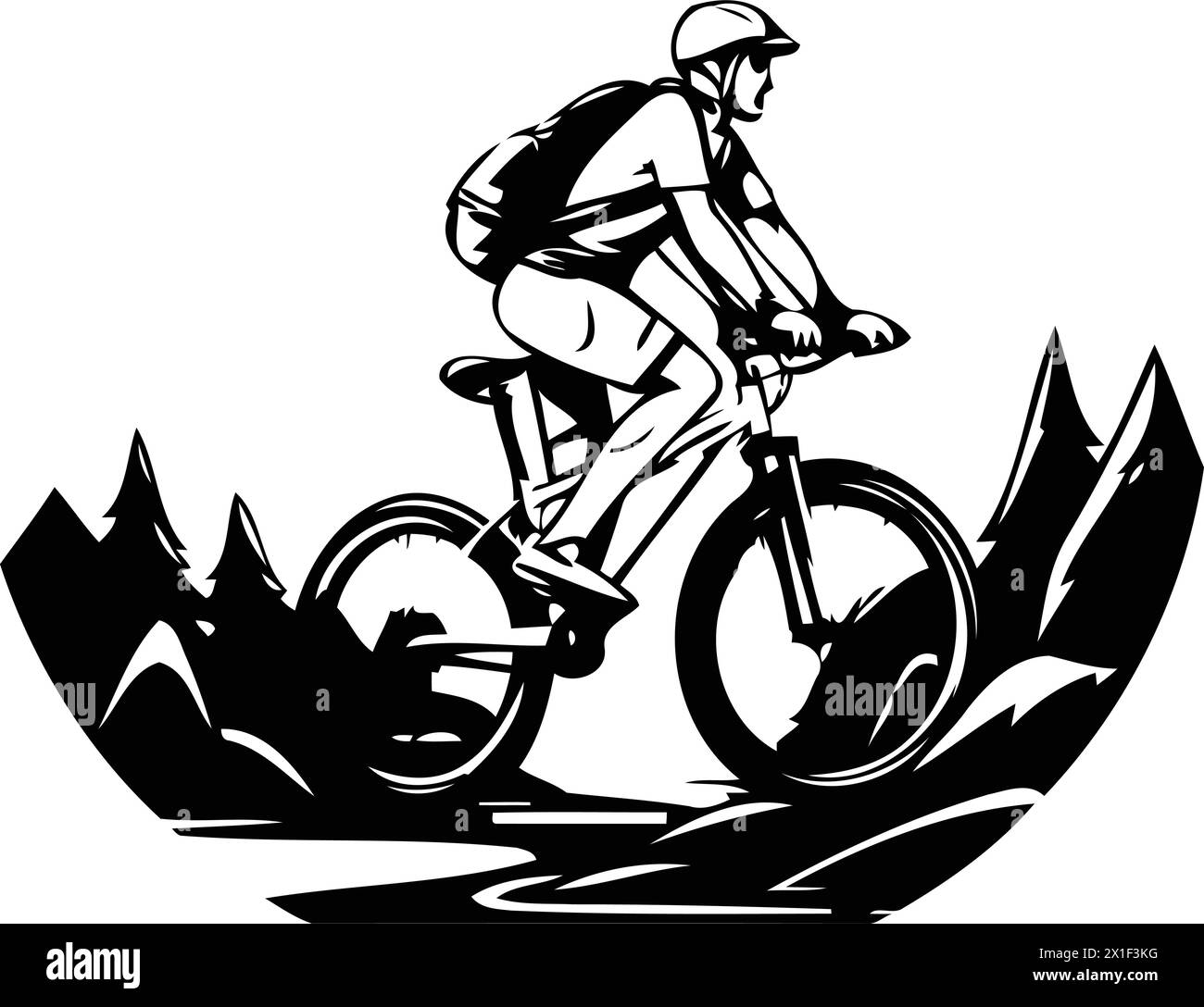 Mountain biker riding on the road in the mountains. Vector illustration. Stock Vector