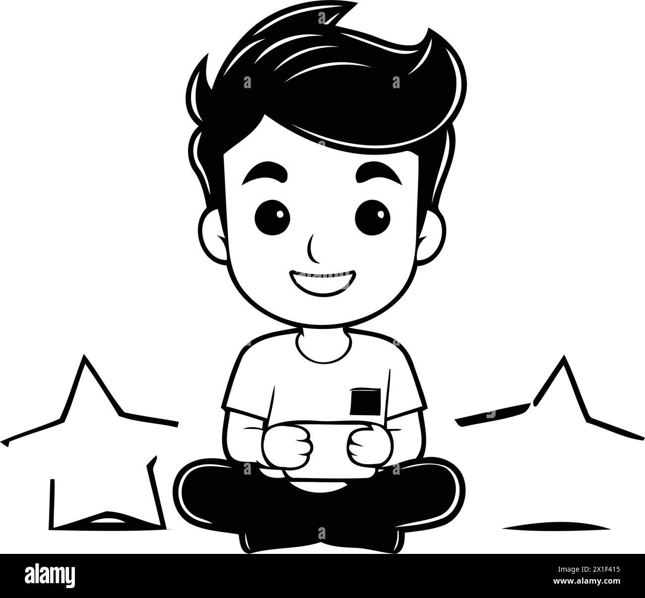 cute boy playing video game with star background. vector illustration ...