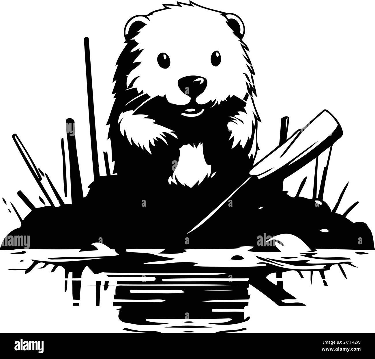 Cute otter with a wooden stick in the water. Vector illustration Stock