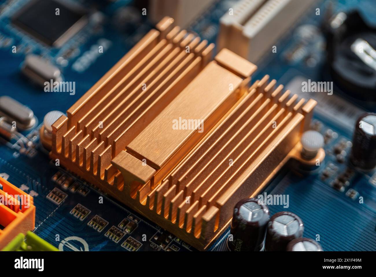 Technologies And Motherboard With Chips. AI And Computer Hardware. Stock Photo