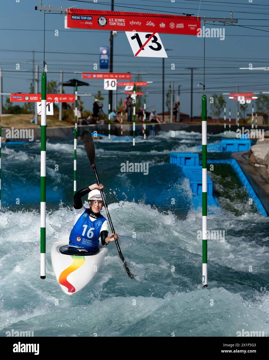 Isabella Altman competes during the 2024 Kayak Olympic Team trials at the Montgomery Whitewater Park in Montgomery Alabama, USA. Stock Photo