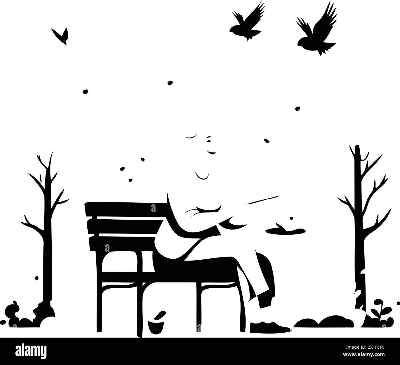 Elderly woman sitting on a bench in the park. Vector illustration Stock Vector