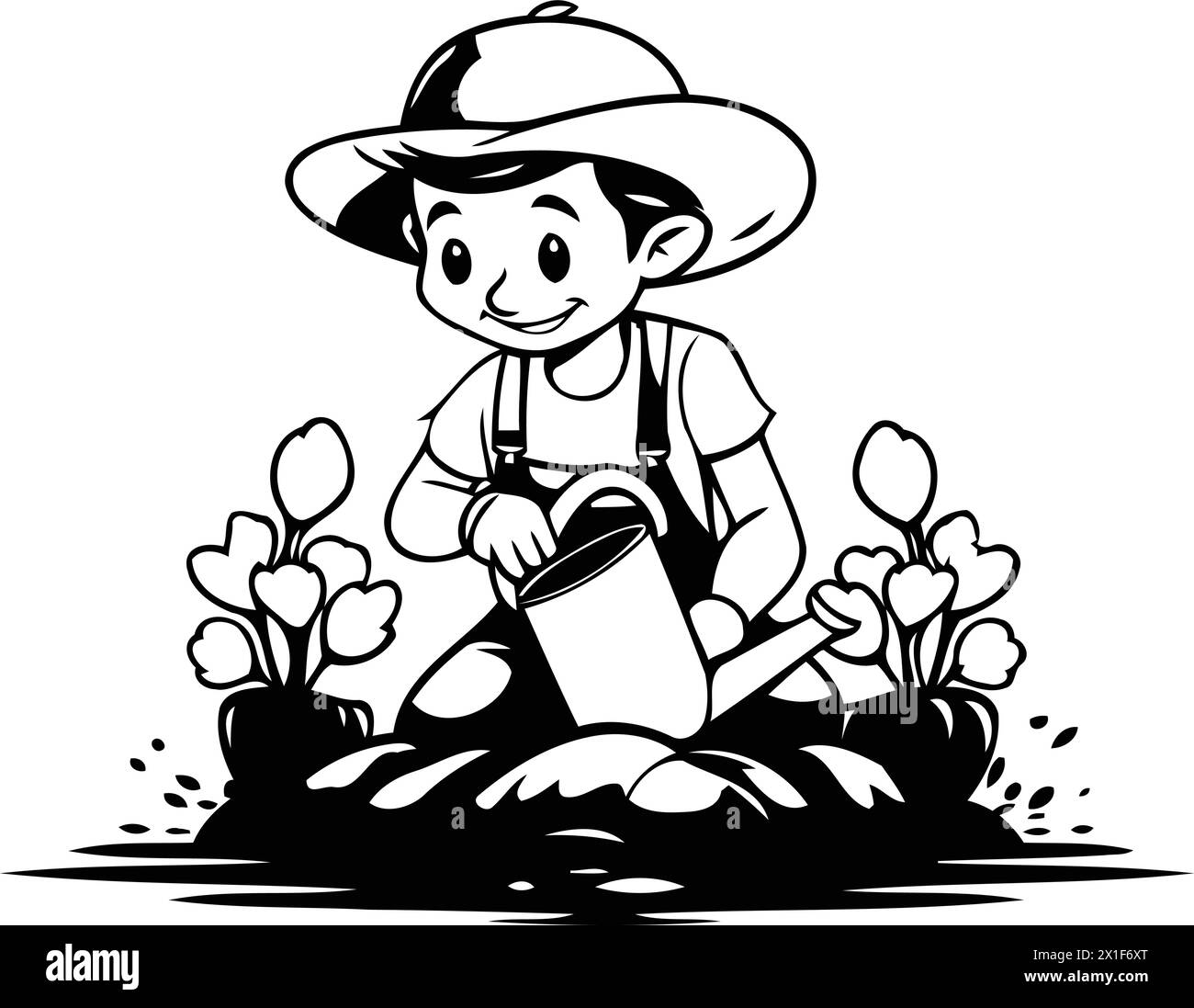 Cartoon gardener boy working in the garden. Vector illustration Stock ...