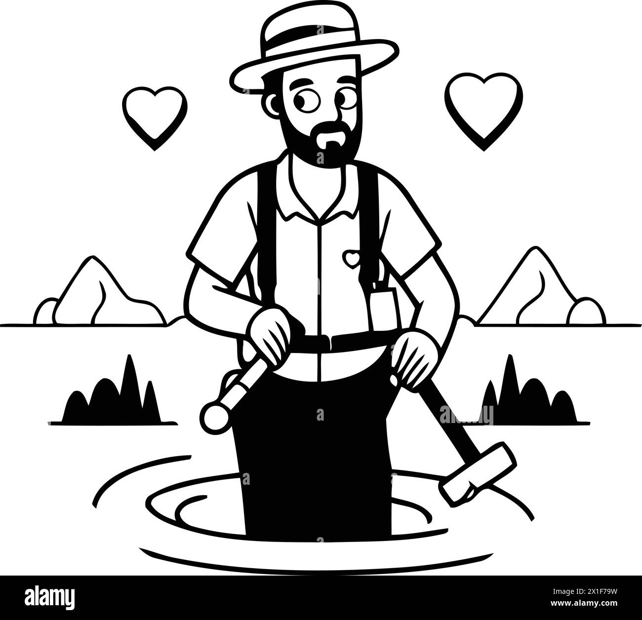 Fisherman with a rowing boat. Vector illustration in cartoon style Stock Vector