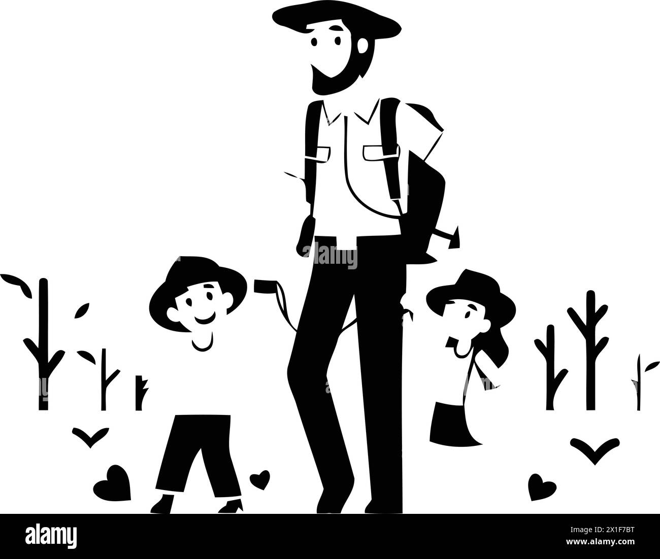 Father with children in park vector illustration. Cartoon dad walking
