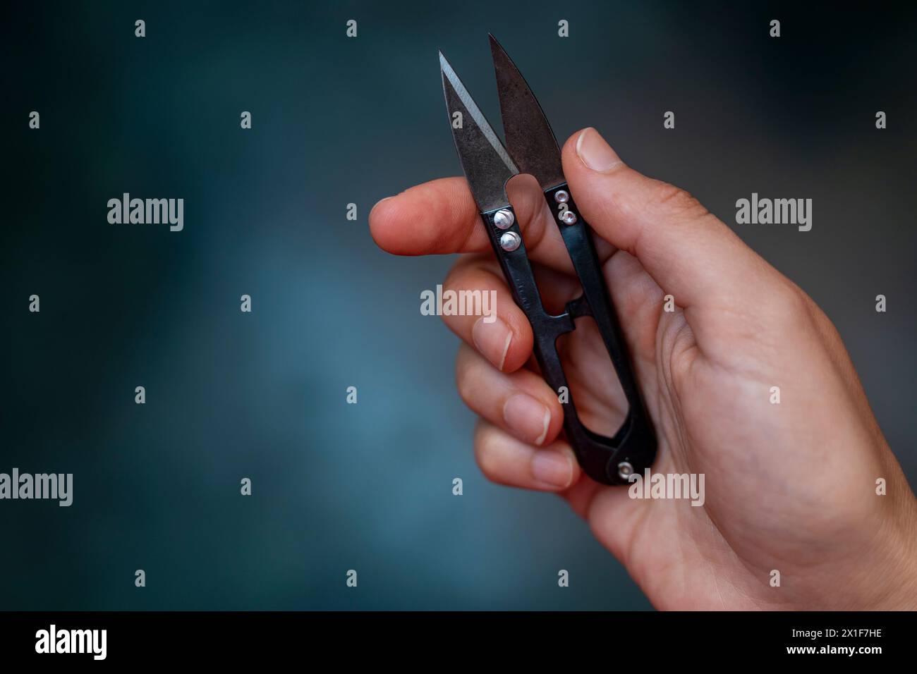 Hands showing a scissors used in sewing Stock Photo