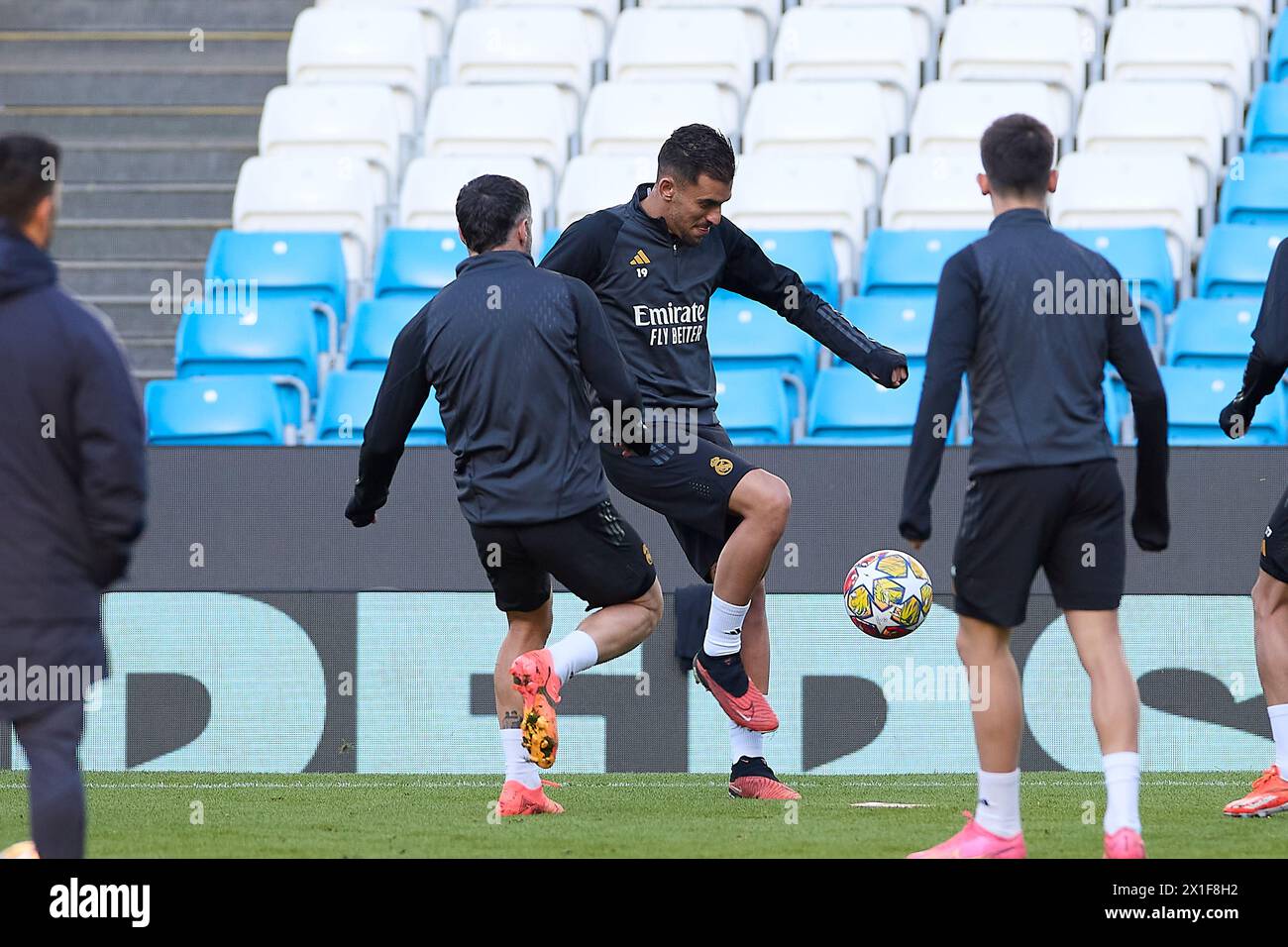 Manchester, UK. 16th Apr, 2024. Daniel Carvajal (L) of Real Madrid CF and Daniel Ceballos (R) of Real Madrid CF in action during the training session on the eve of the 2023/2024 UEFA Champions League quarter-final second leg match between Manchester City and Real Madrid CF at Etihad Stadium. (Photo by Federico Titone/ SOPA Images/Sipa USA) Credit: Sipa USA/Alamy Live News Stock Photo