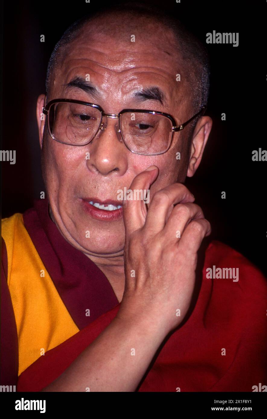 His Holiness the 14th Dalai Lama, Lhamo Thondup in Sydney Australia 1997, Portrait of Dalai Lama, Free Tibet Protest. Stock Photo