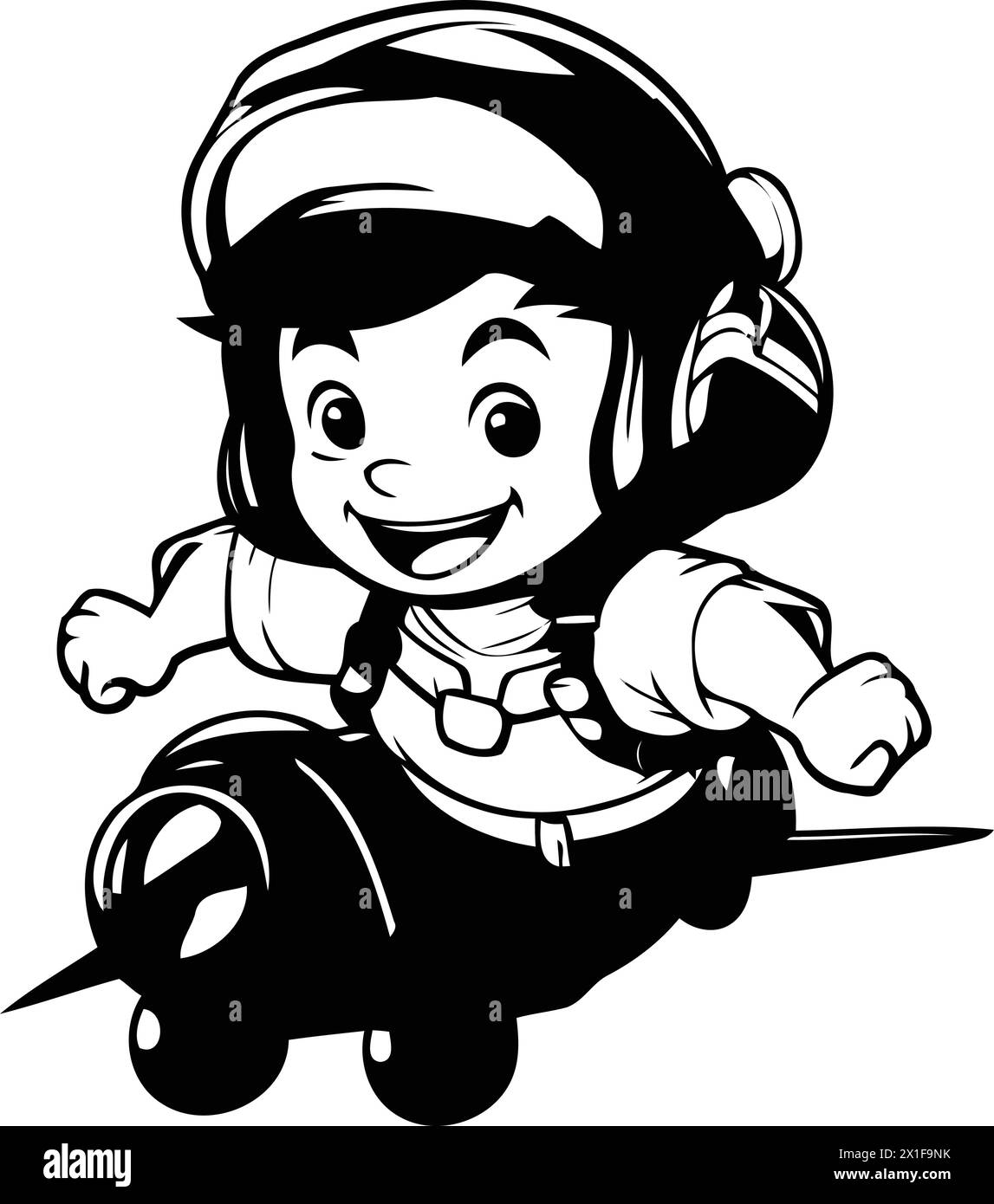 Little boy flying in the sky with pilot helmet. Vector illustration