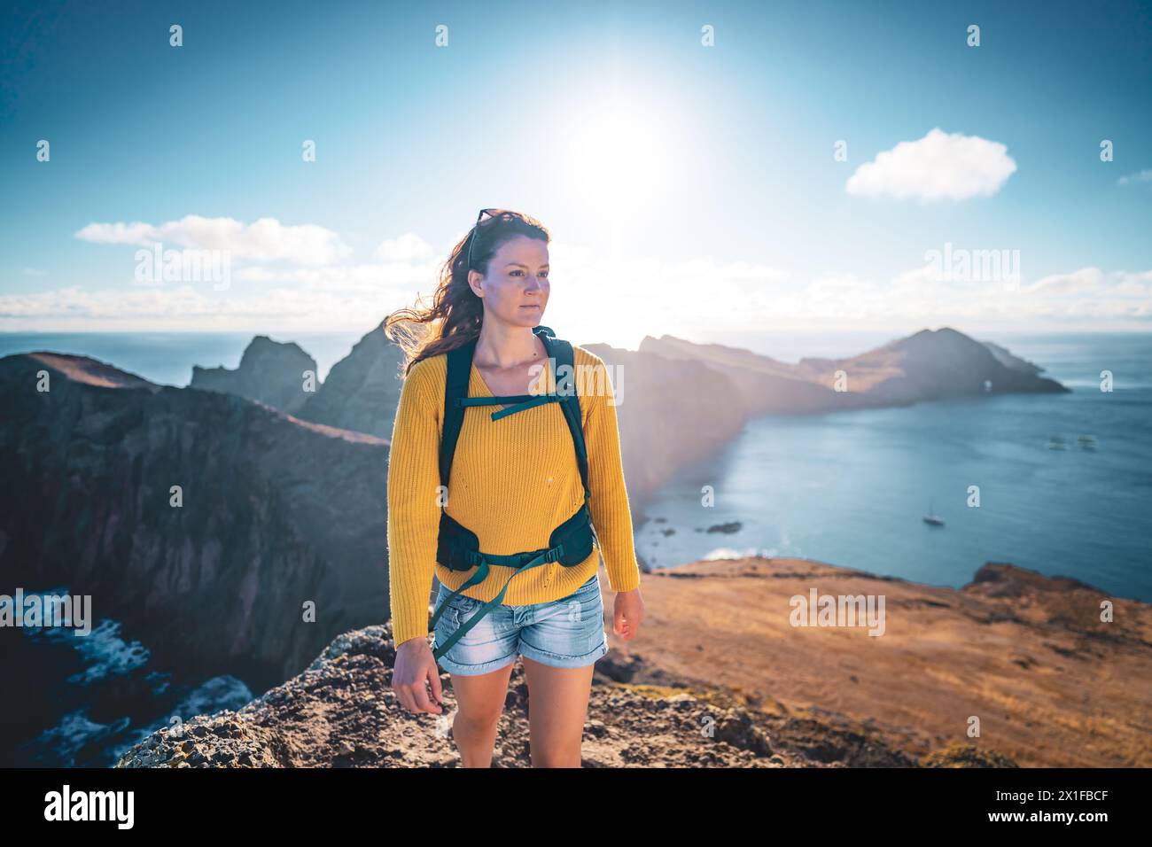 Description: Front view of a tourist backpacker standing on top of ...