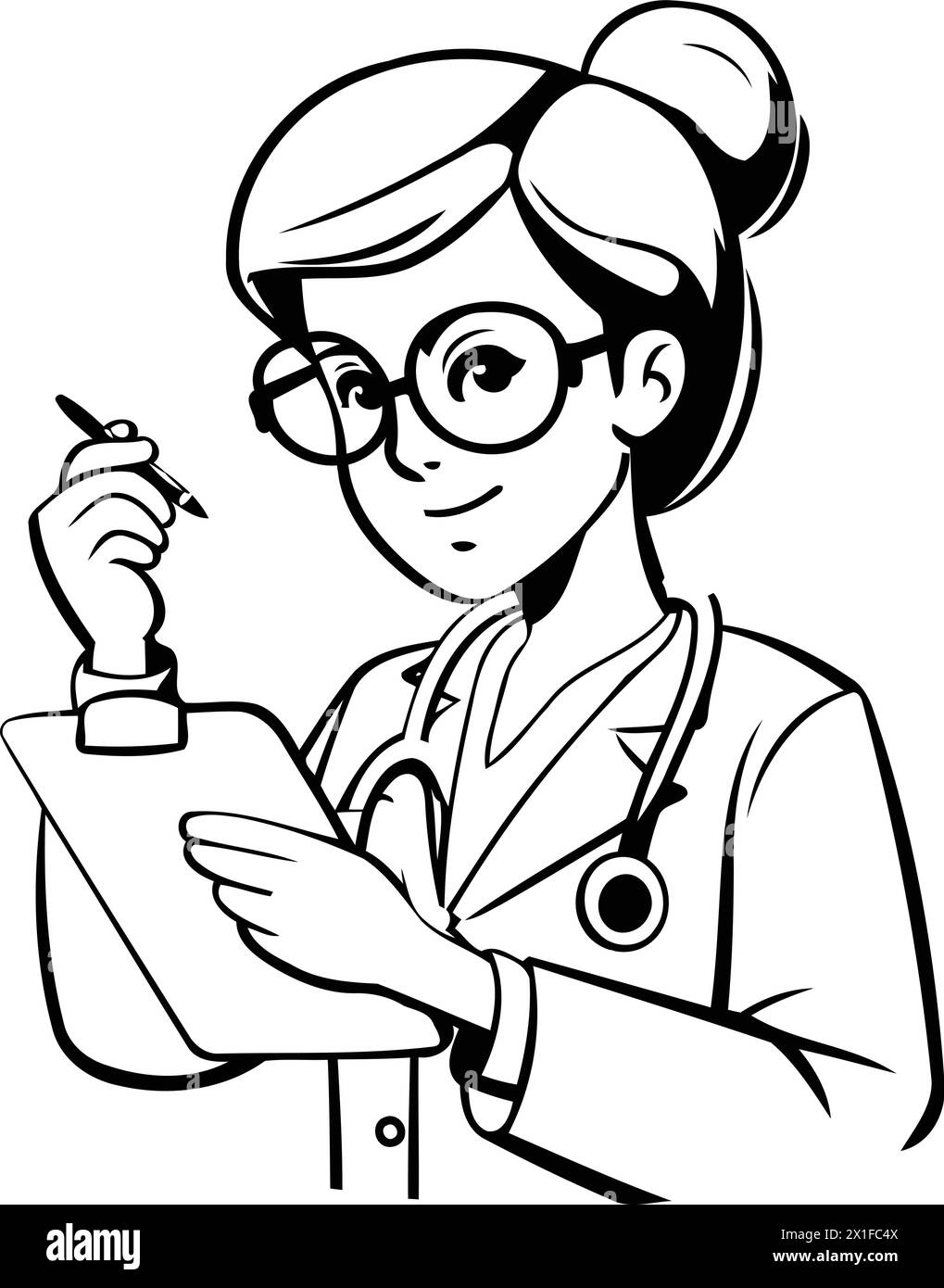 Female doctor with stethoscope writing on clipboard. Vector illustration. Stock Vector