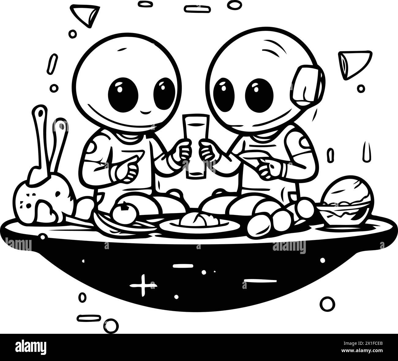 Cute cartoon astronauts drinking champagne. Vector illustration. Cute cartoon characters. Stock Vector